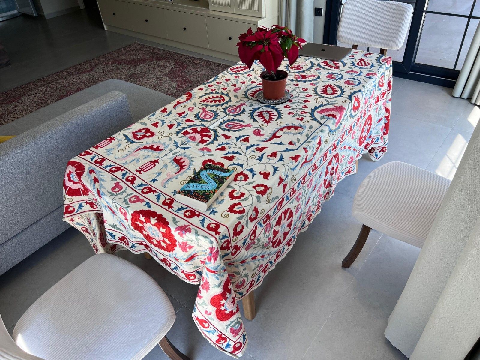6'6"X7'9" Embroidered Silk Bed Cover. Uzbek Table Cover. Vintage Bedspread photo Textiles