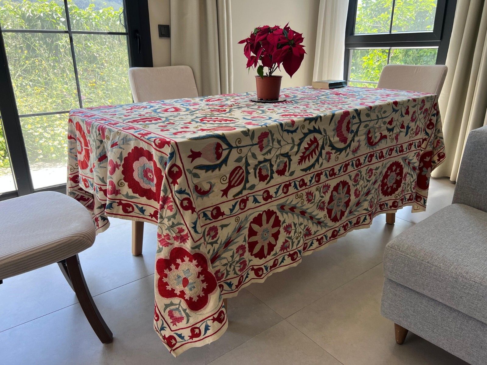 6'6"X7'9" Embroidered Silk Bed Cover. Uzbek Table Cover. Vintage Bedspread photo 582.0