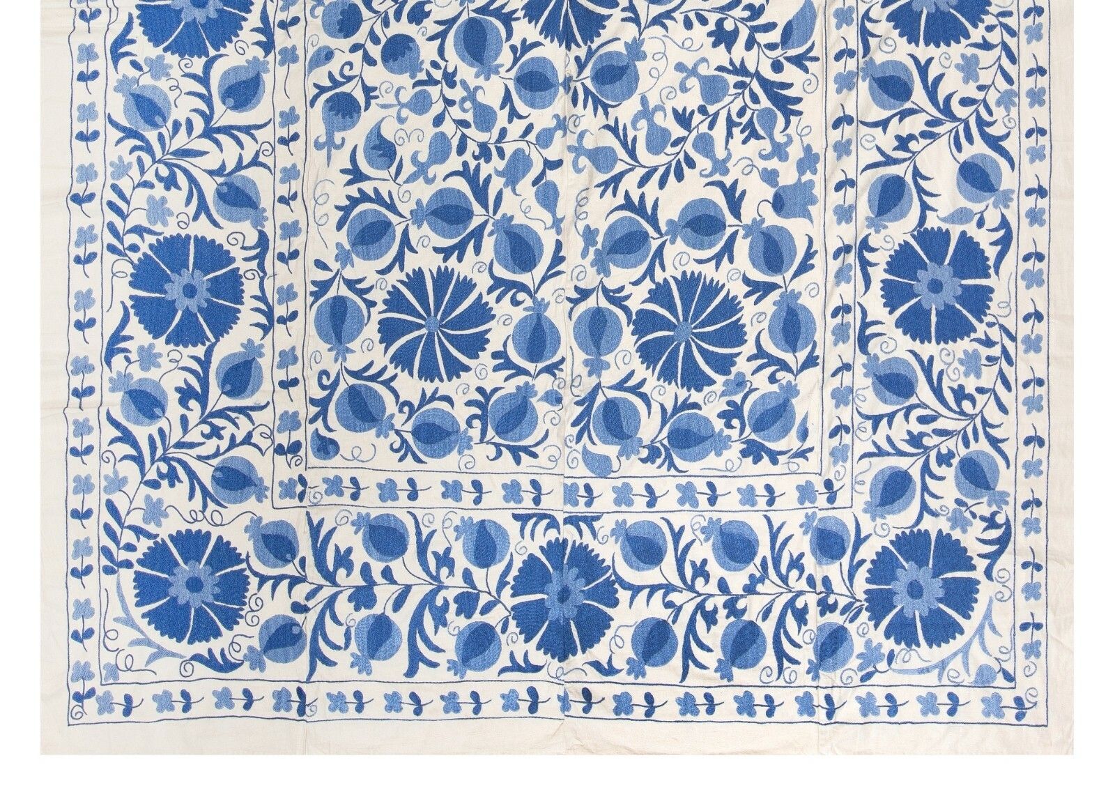 6.3x8.2 Ft Silk Hand Embroidered Uzbek Suzani Wall Hanging In Cream & Light Blue photo for sale