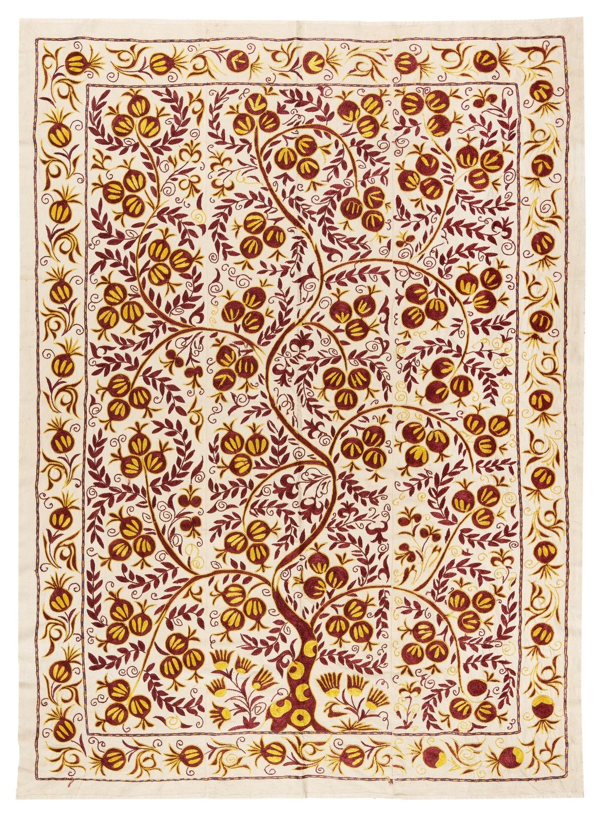 5x6.6 Ft Silk Suzani Pomegranate Tree Design Bed Cover, Embroidered Wall Hanging