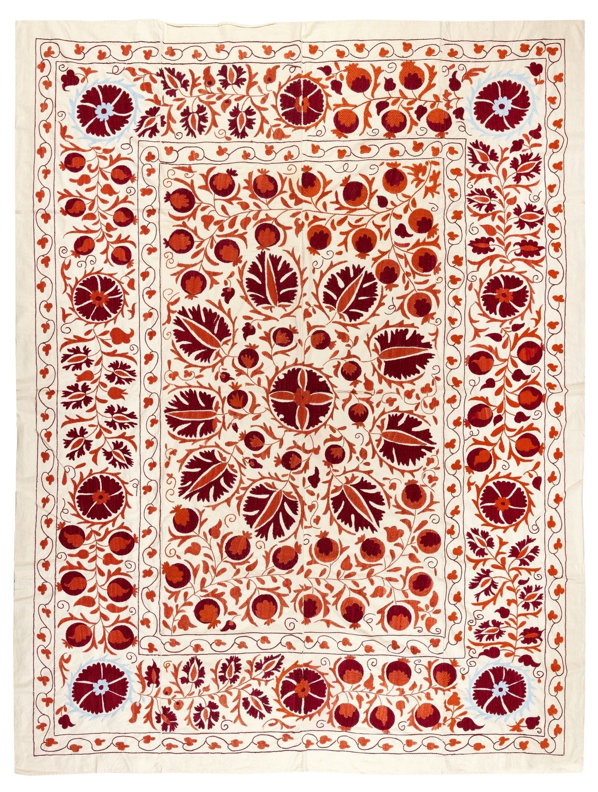 6.4x8.3 Ft New Uzbek Suzani Textile. Embroidered Cotton & Silk Bed Cover