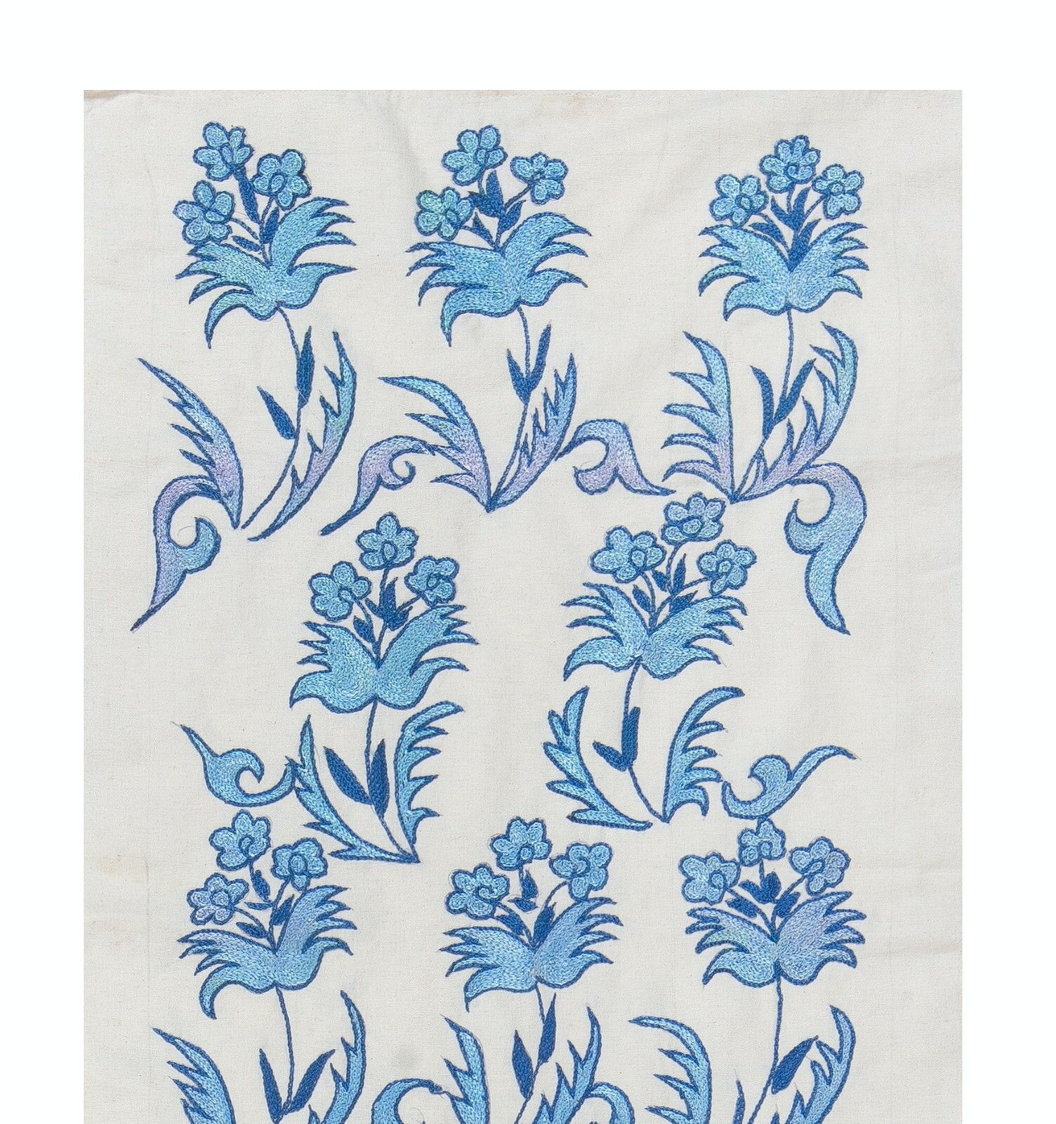 1.7x6.3 Ft Suzani Wall Hanging. Silk Embroidery Table Runner In Blue And Cream photo Art