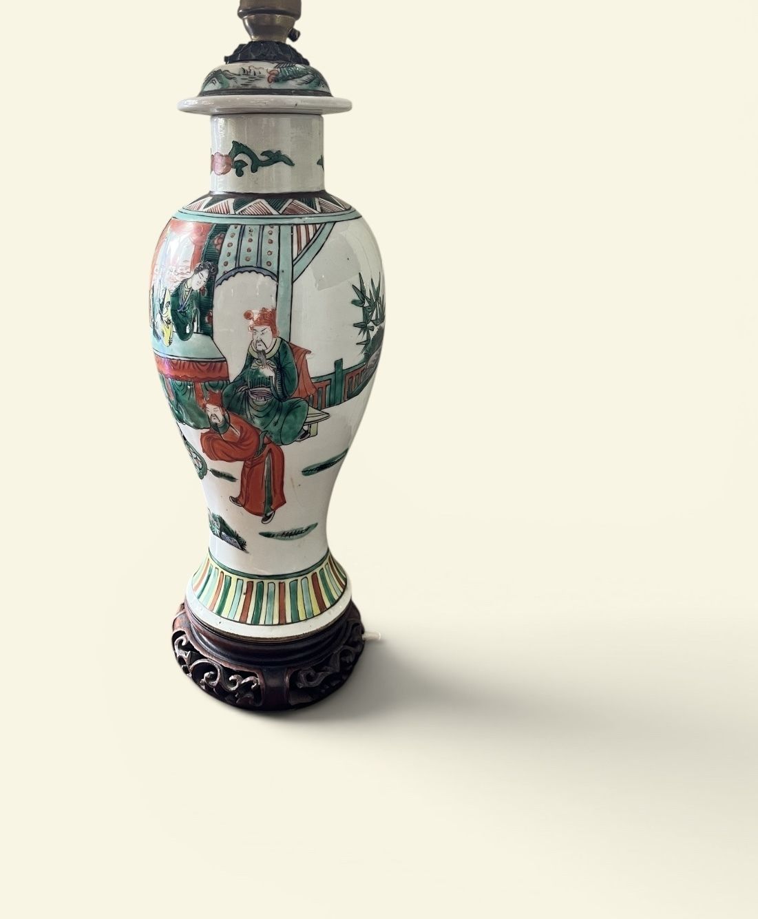 A Late 19th Century Chinese Famille Vert Coloured Lidded Vase Converted As A Lamp photo Lighting