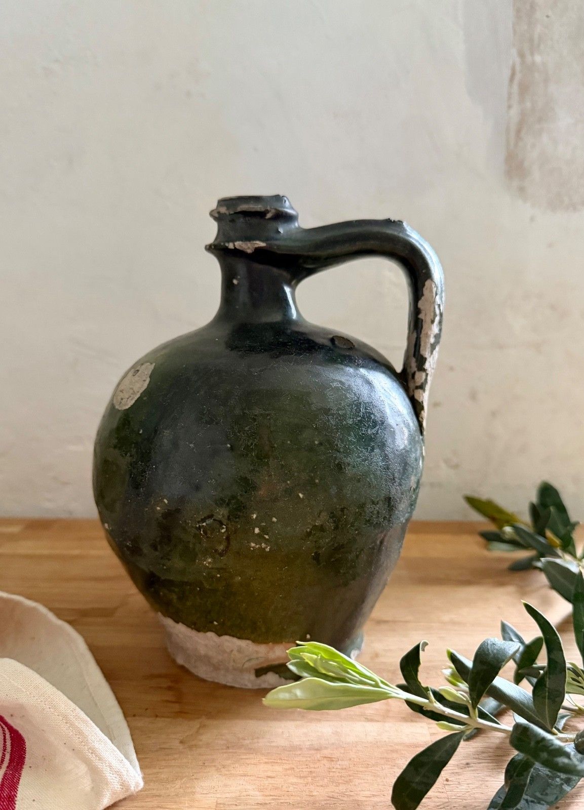 Antique 19thc French Jug Pitcher Olive Oil Sadirac Green Glaze 21cm Terracotta photo furniture