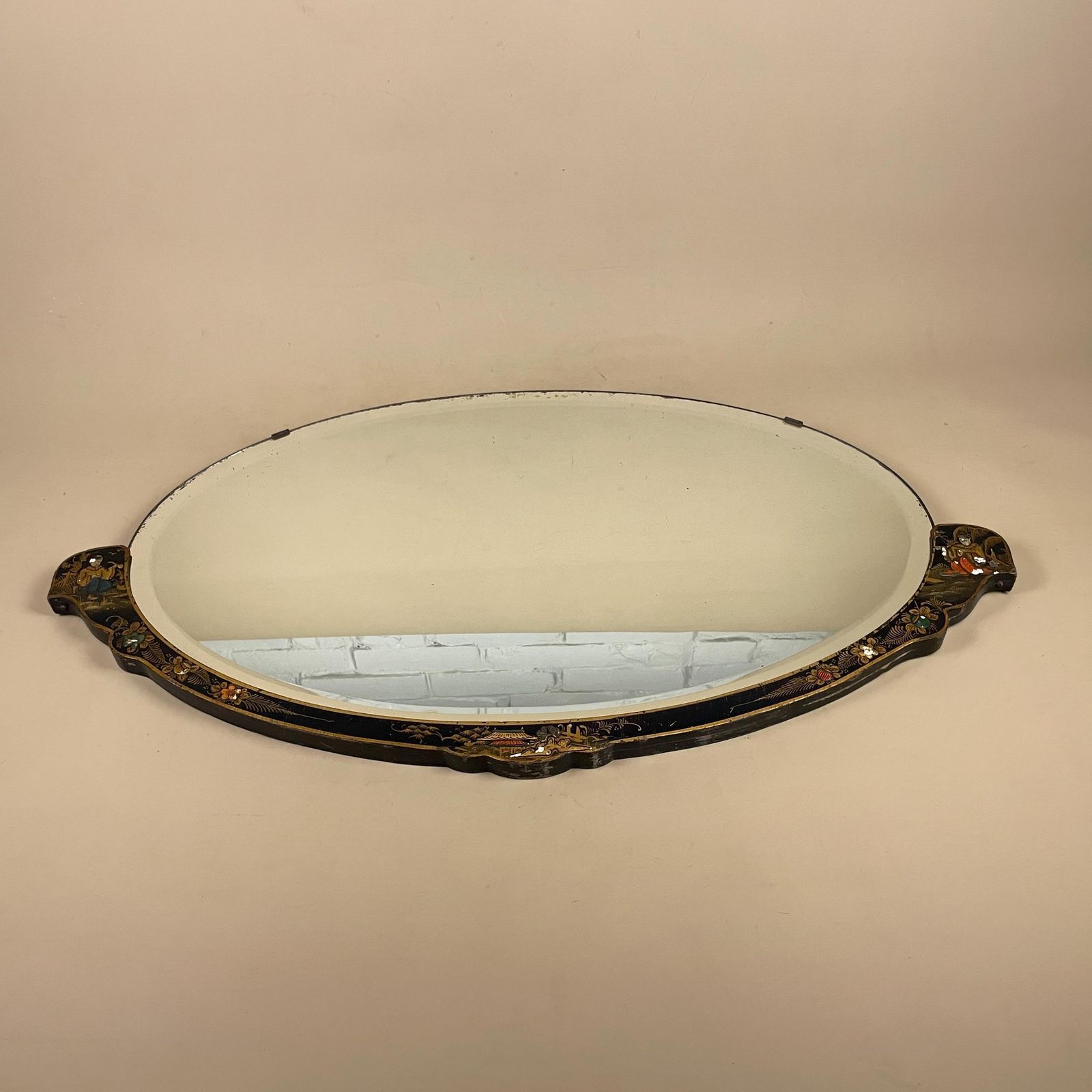 Oriental Oval Wall Mirror Hand Painted Lacquer Wooden Frame Asian Figurative Bevelled Edge Interior Wall Accent Black Gold photo for sale