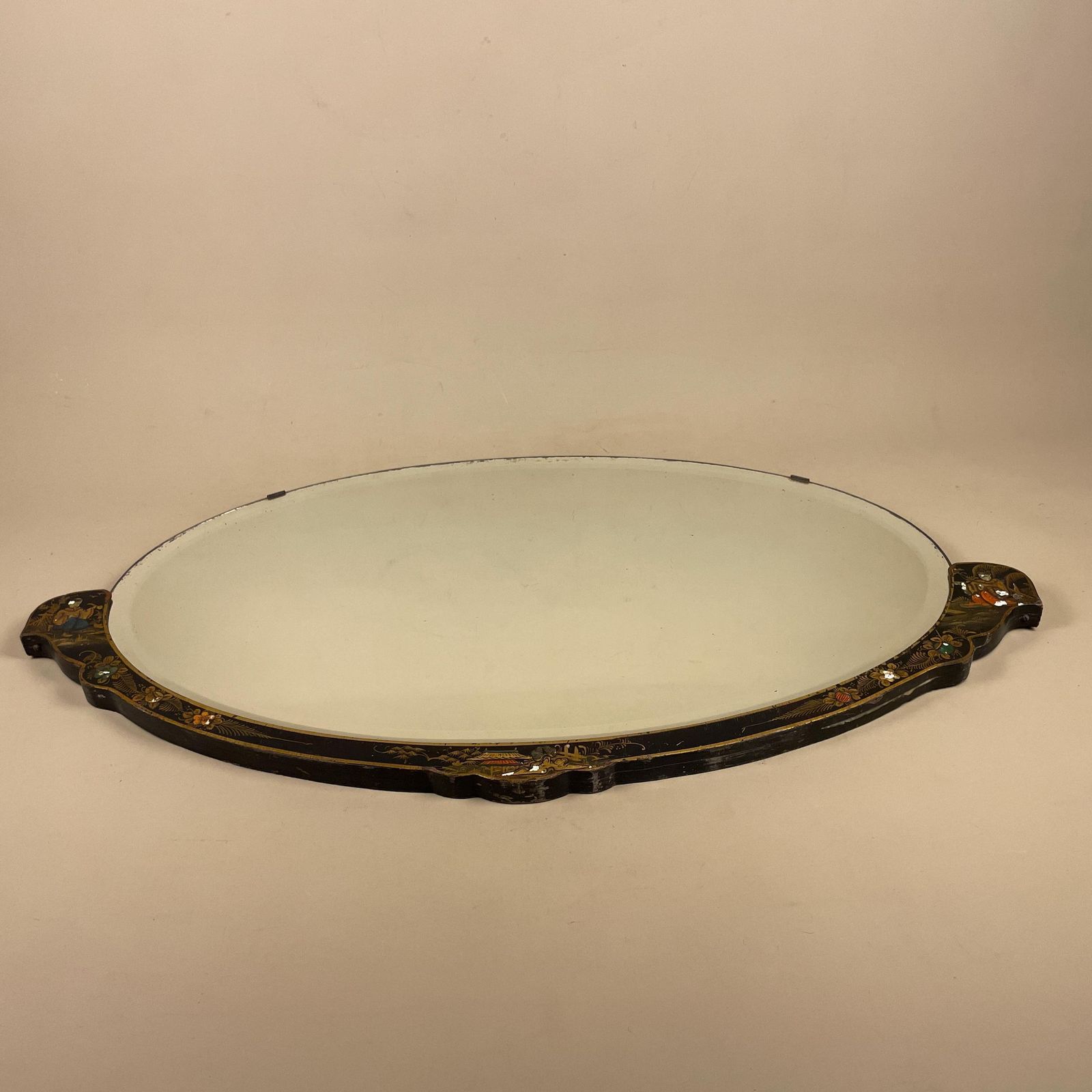 Oriental Oval Wall Mirror Hand Painted Lacquer Wooden Frame Asian Figurative Bevelled Edge Interior Wall Accent Black Gold photo Home Decor
