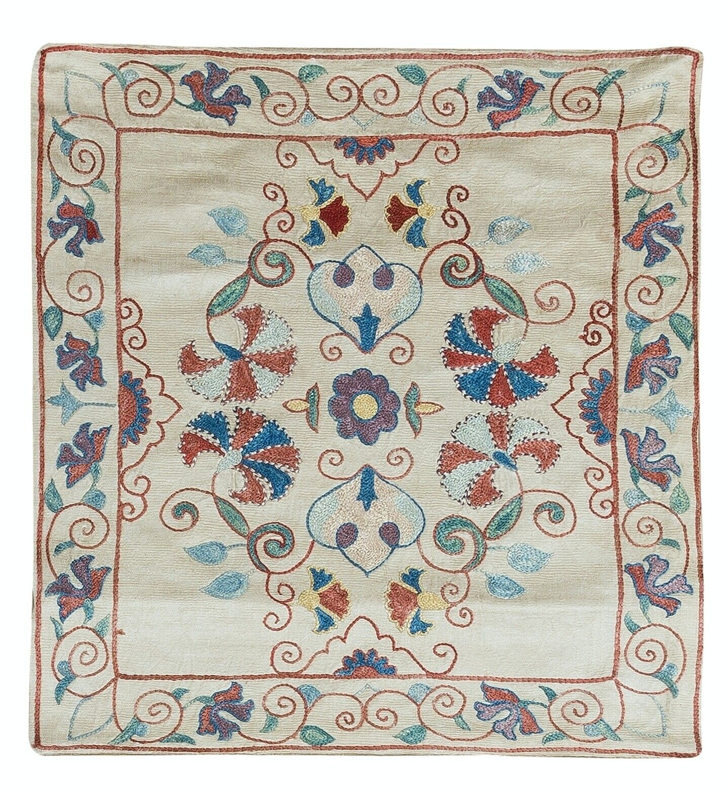 Housse de coussin suzani ouzbek 19 x 21 pouces (47 x 51 cm), broderie entièrement à la main en soie
