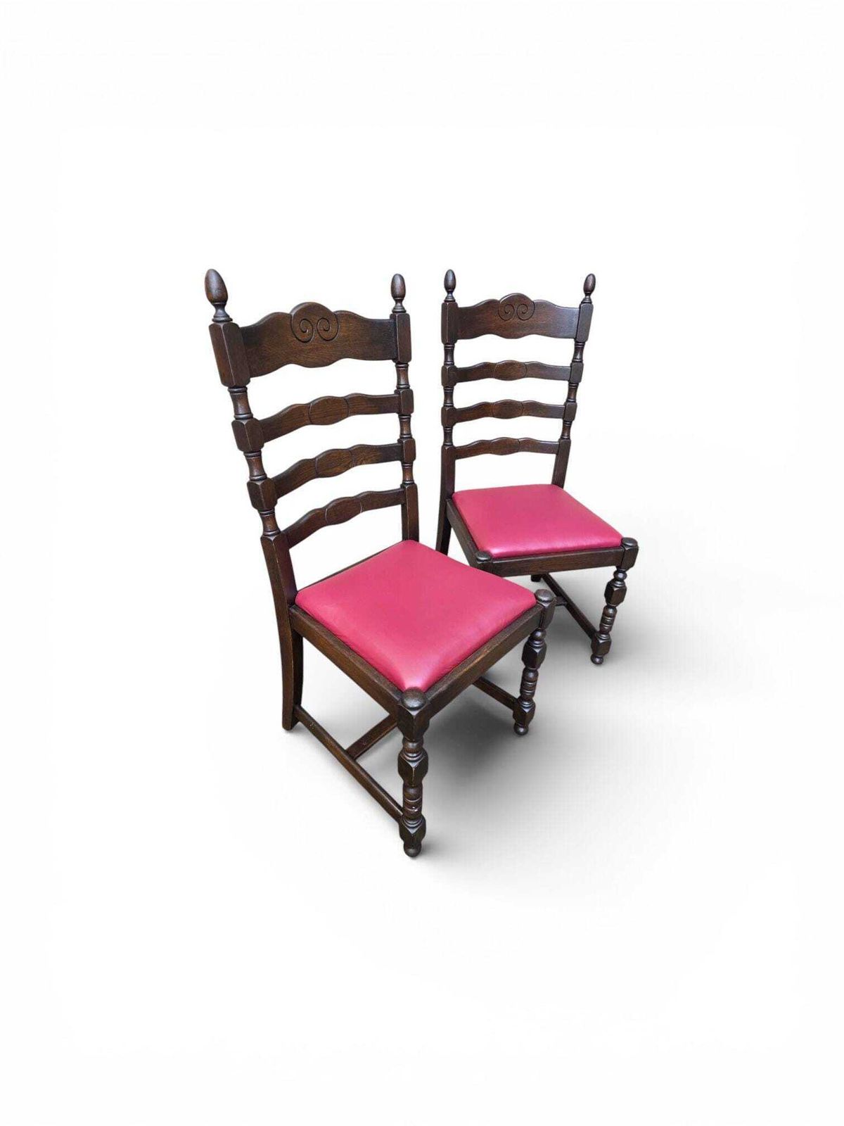 photo for sale Vintage Solid Wood Dining Chairs / Set Of 4 / Ladder Back / Upholstered Seats / C.1930