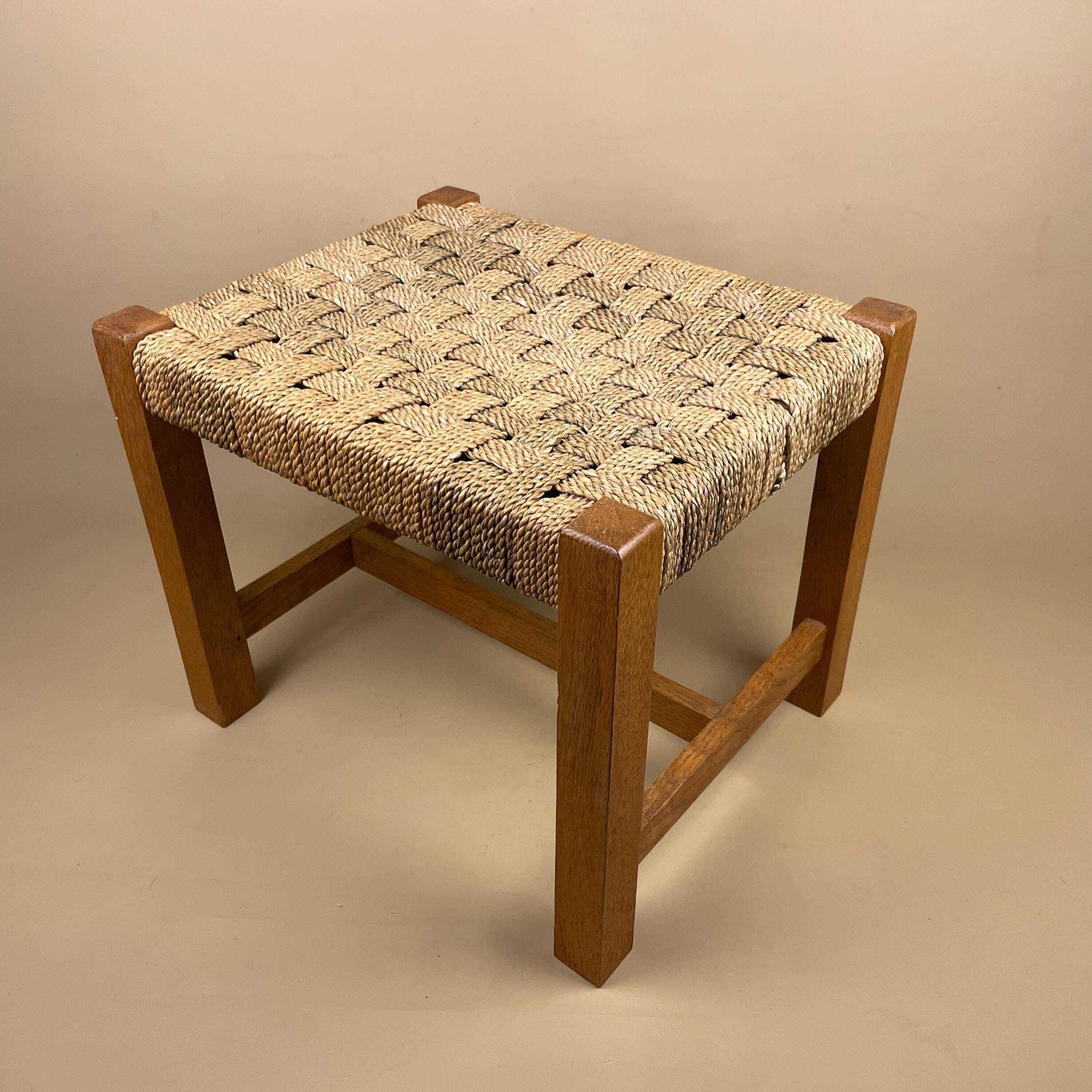 Wooden String Foot Stool Wood Frame Farmhouse Cottage Furniture Brown Woven Top Footstool Vintage photo furniture