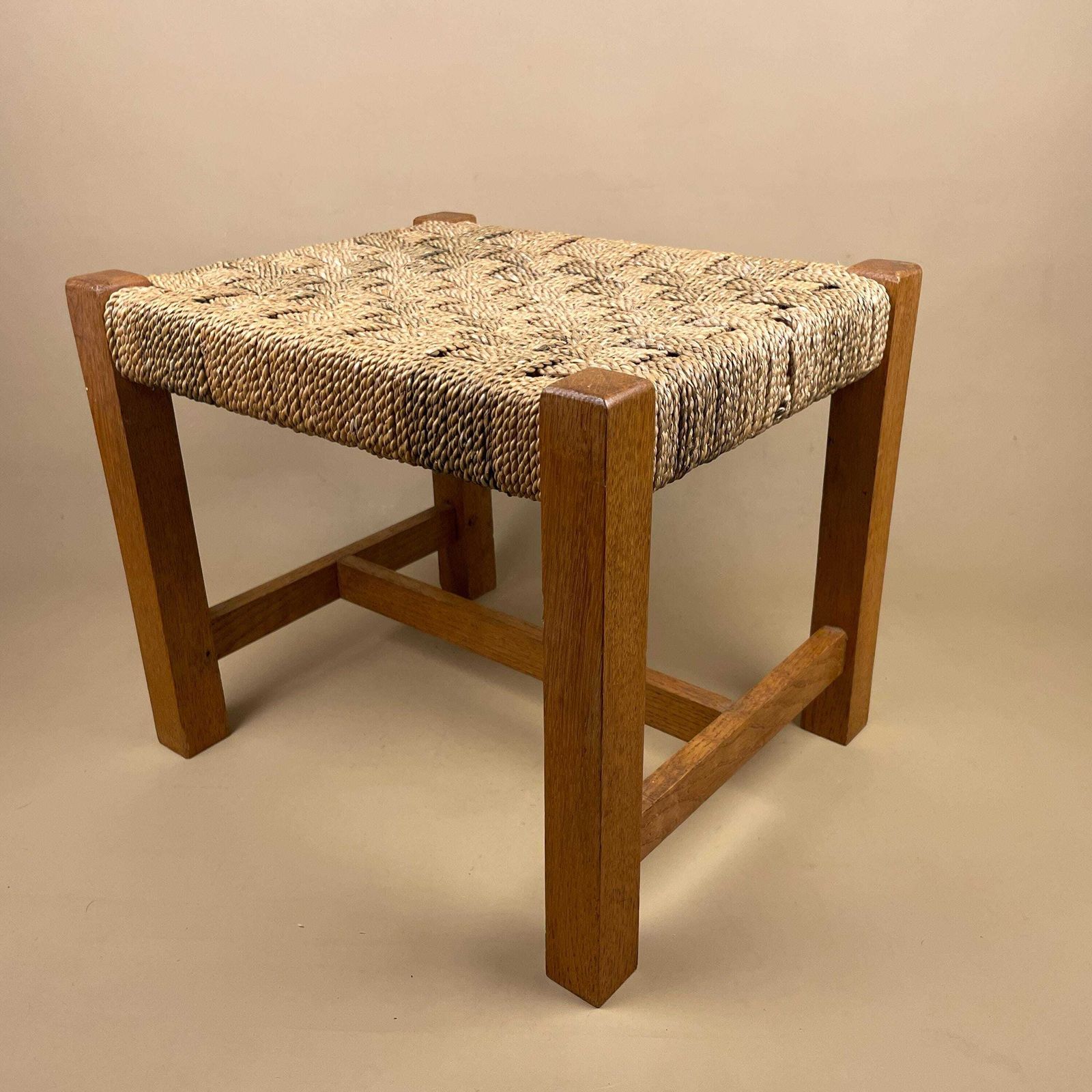 Wooden String Foot Stool Wood Frame Farmhouse Cottage Furniture Brown Woven Top Footstool Vintage photo for sale