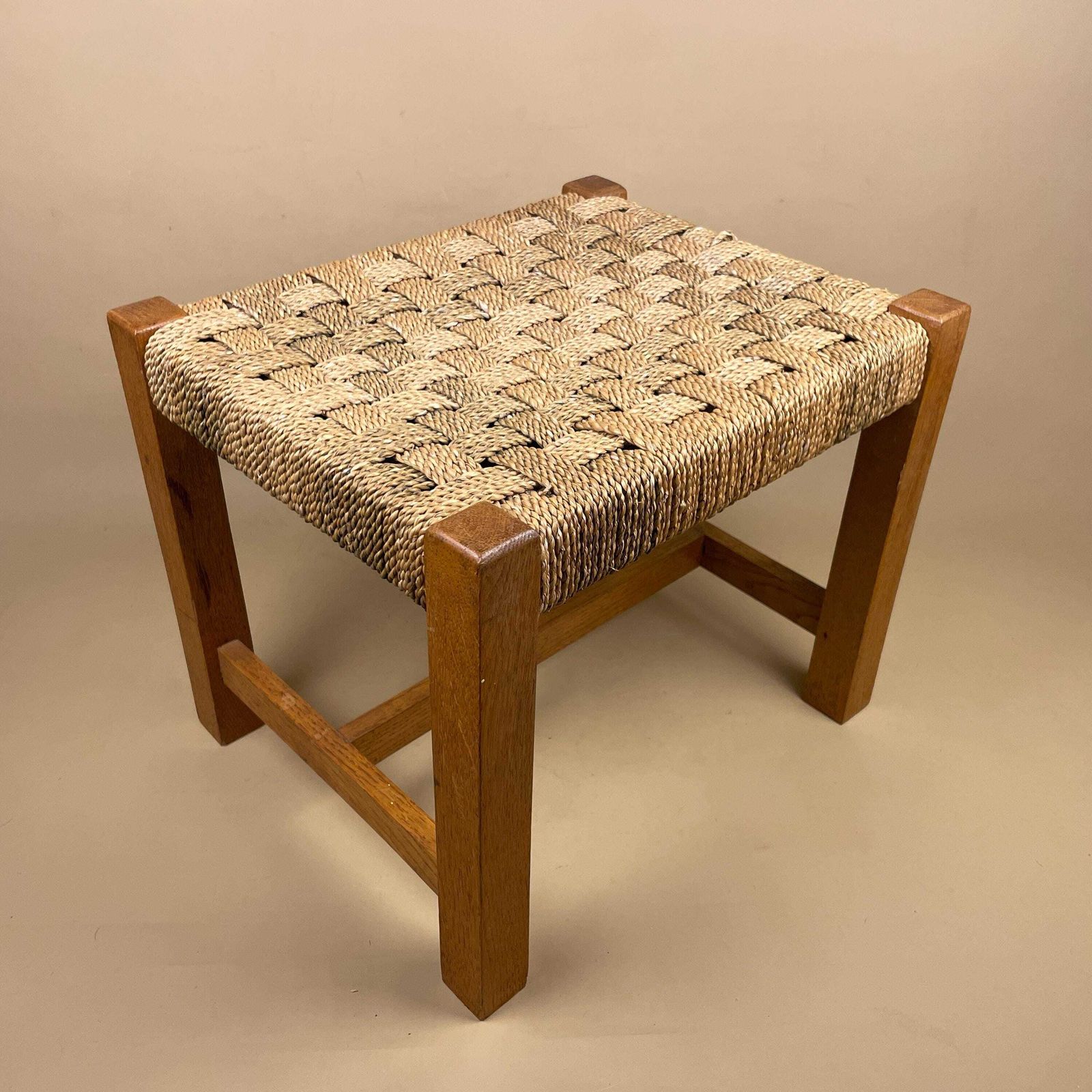 Wooden String Foot Stool Wood Frame Farmhouse Cottage Furniture Brown Woven Top Footstool Vintage photo vinterior