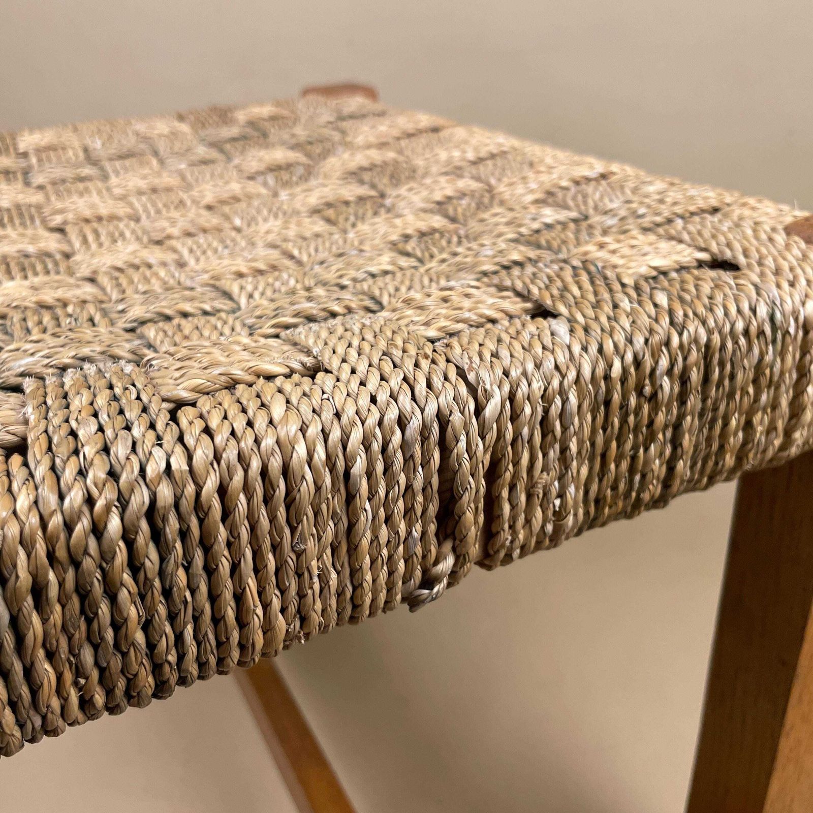 photo furniture Wooden String Foot Stool Wood Frame Farmhouse Cottage Furniture Brown Woven Top Footstool Vintage