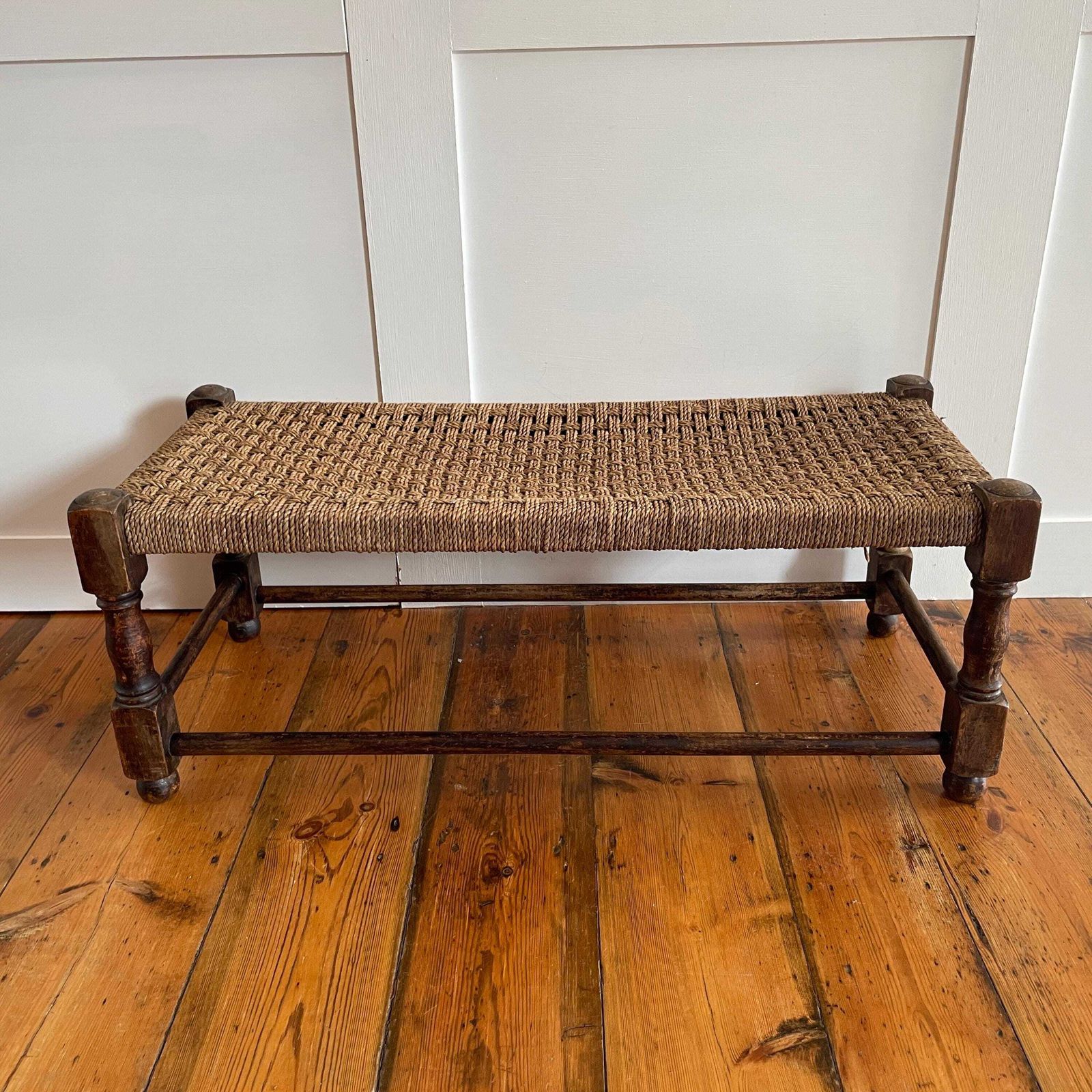 Rush Seat Wooden Bench Long Rustic Woven Stool Farmhouse Entryway Hall Footstool Antique Style