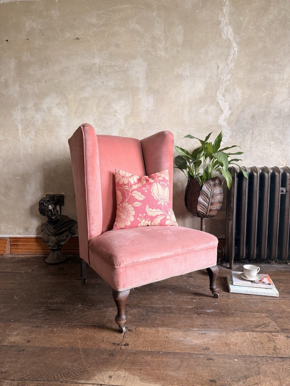 Rare Antique Mahogany (Horse Hair) Lady's Small Rose Pink High Wingback Chair