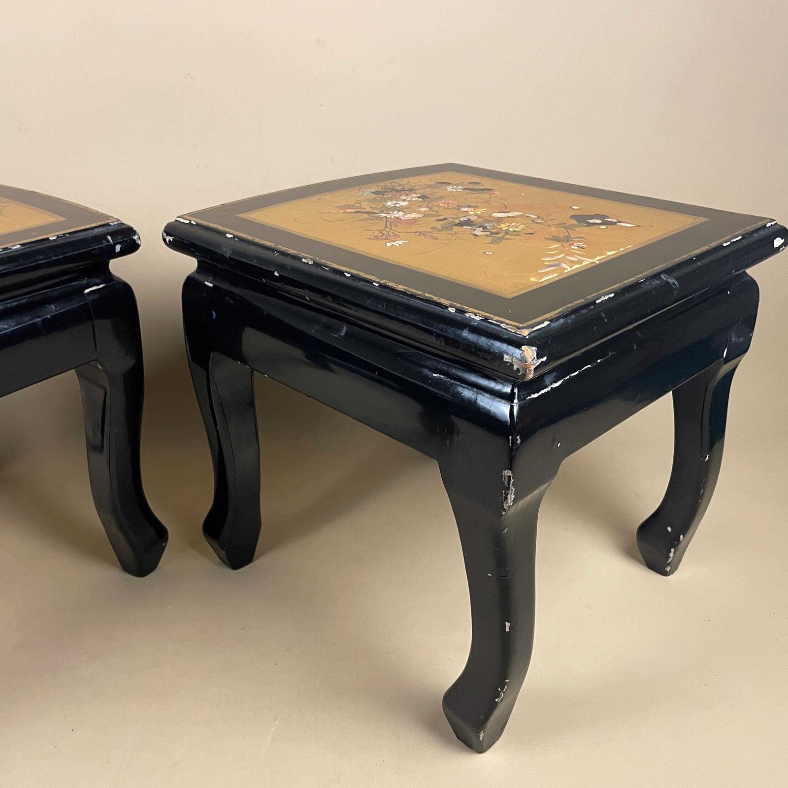 photo vinterior Pair Chinese Side Tables Hand Painted Gold Floral Top Black Curved Front Wood Vintage Chinoiserie Accent Tables Oriental