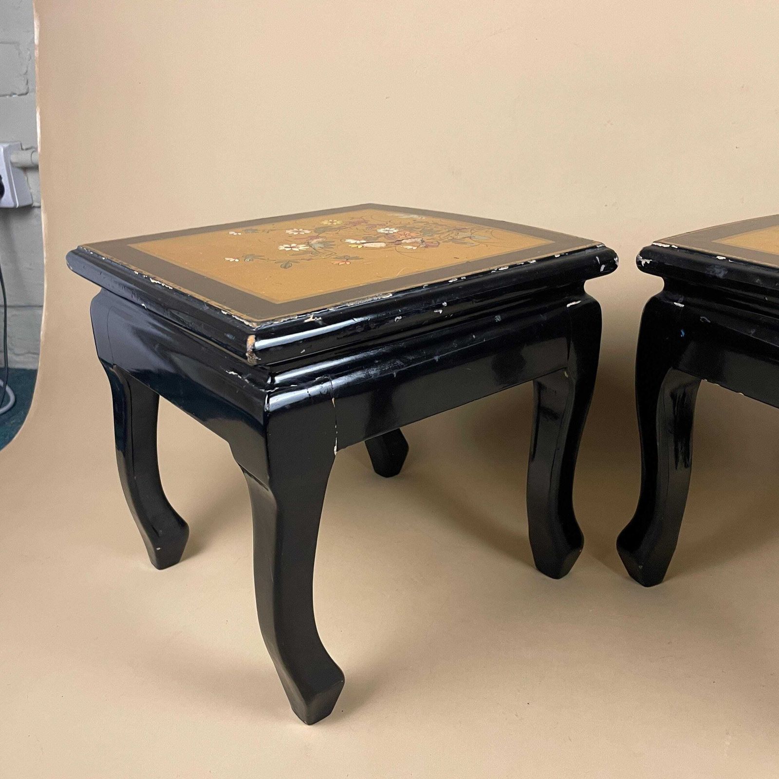 photo buy Pair Chinese Side Tables Hand Painted Gold Floral Top Black Curved Front Wood Vintage Chinoiserie Accent Tables Oriental
