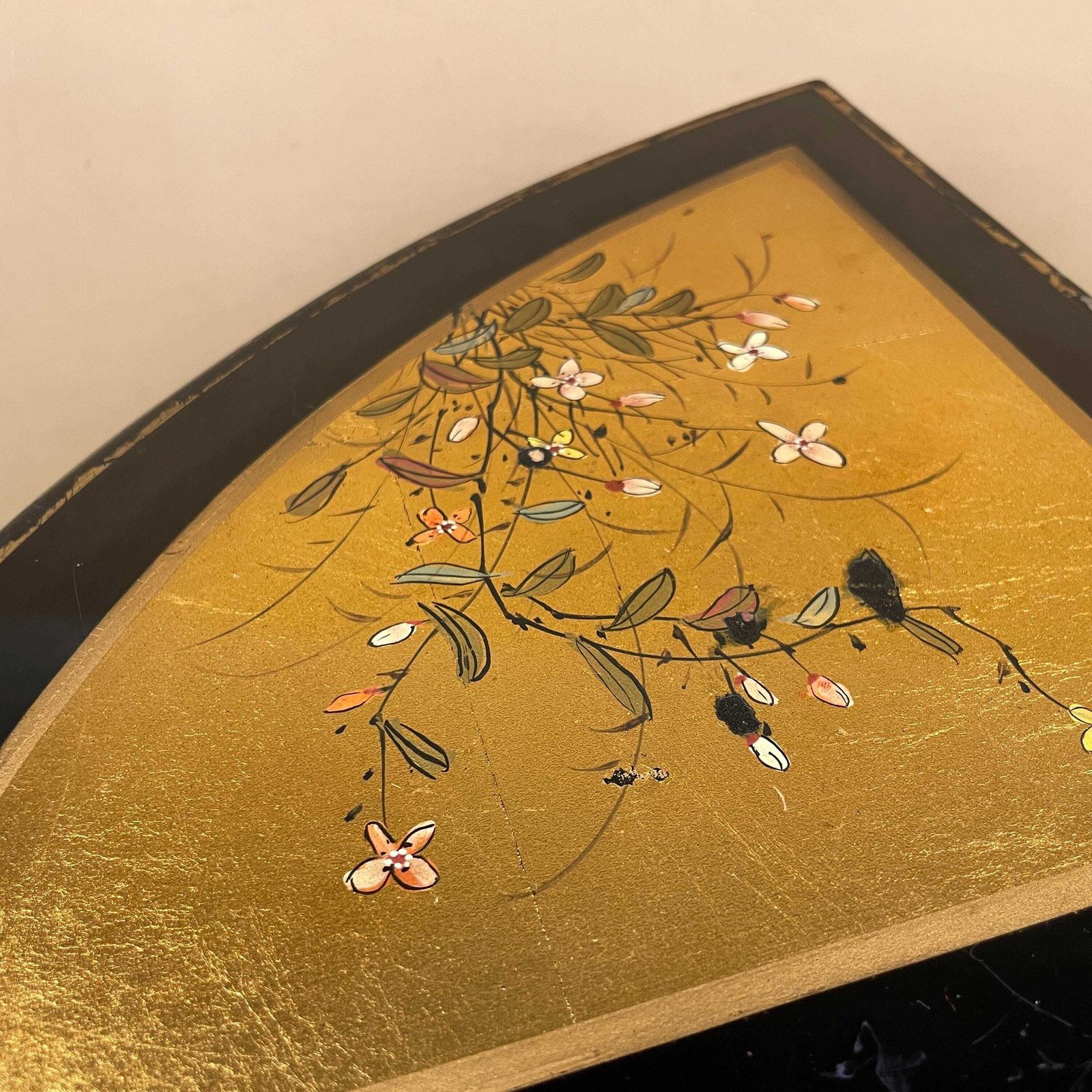 Oriental Corner Table Hand Painted Gold Floral Top Black Curved Front Wood Vintage Chinese Chinoiserie Accent Tables Oriental photo buy