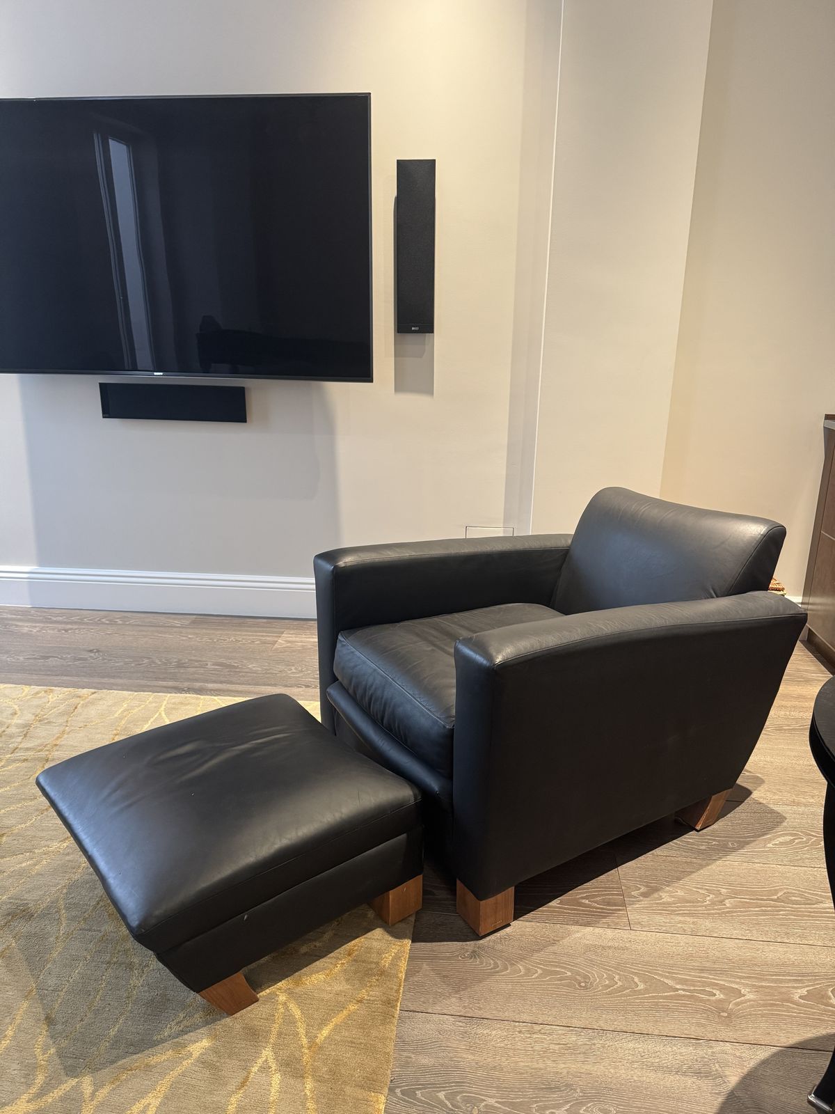 David Linley Armchair Chair And Footstool   Black Leather And Wanut