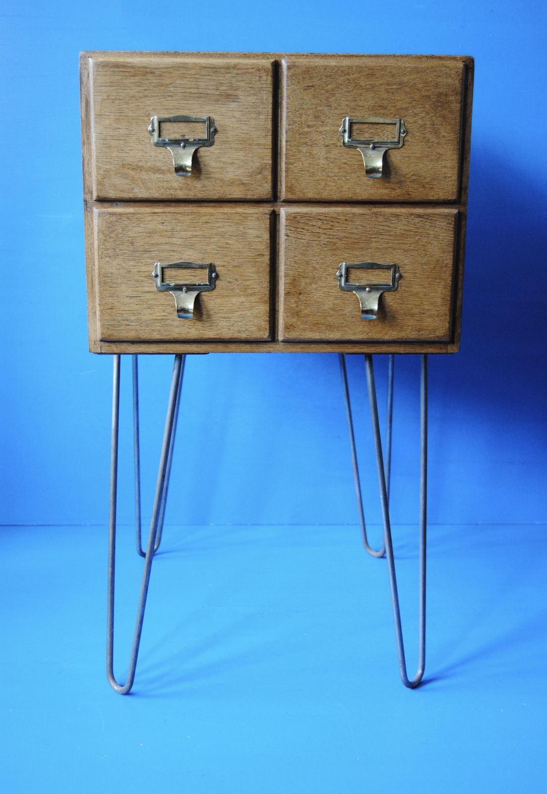 Vintage Oak Four Drawer Library Card Index Cabinet On Hairpin Legs photo Furniture
