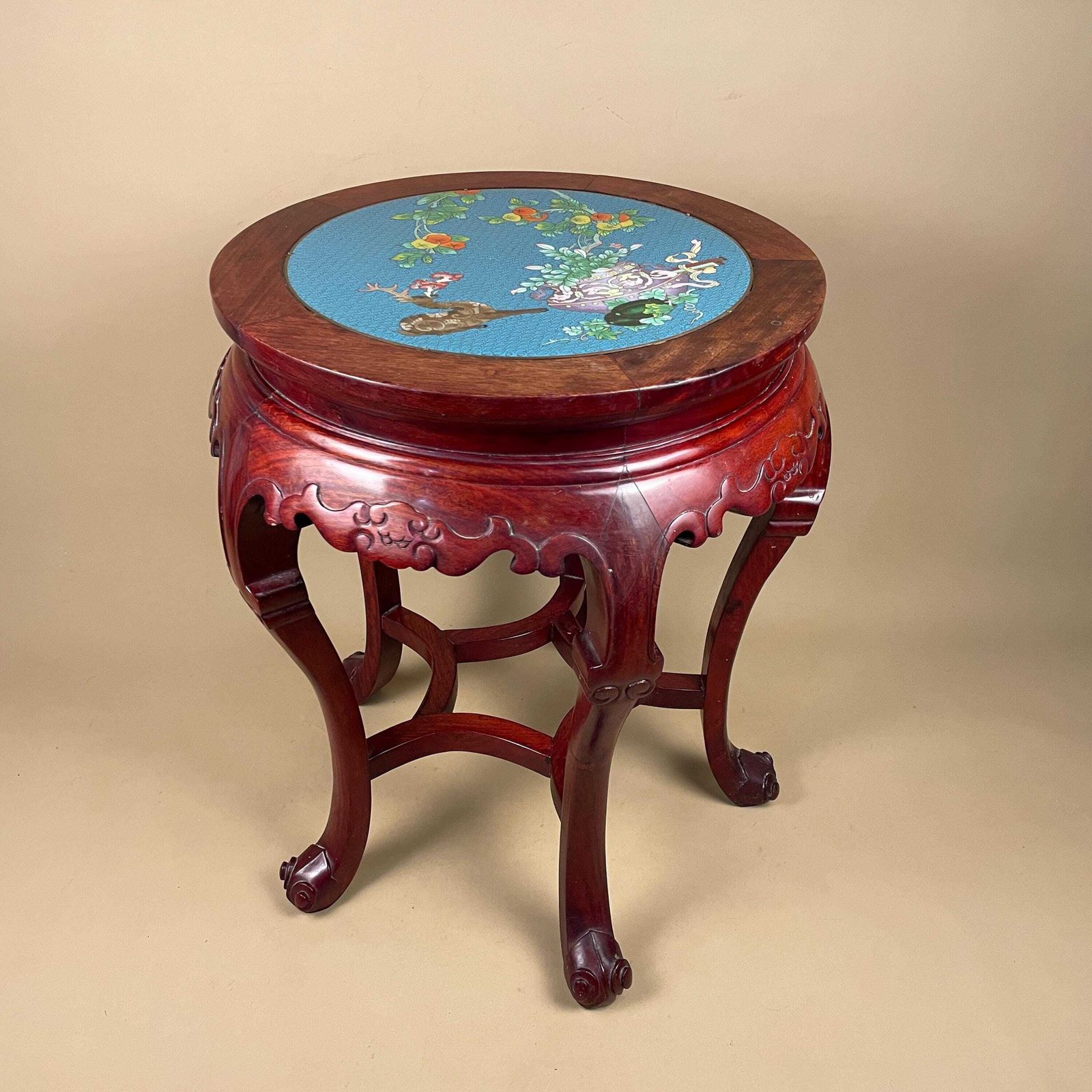 Oriental Cloisonne Wood Table Round Carved Red Hardwood Side Accent End Table Vintage Asian Blue Top Floral