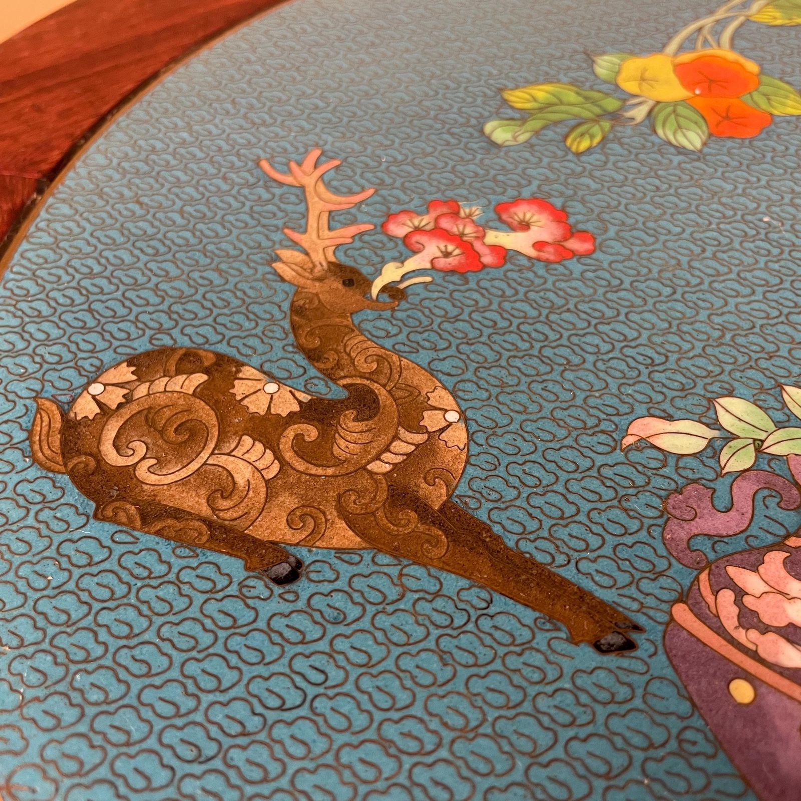 Oriental Cloisonne Wood Table Round Carved Red Hardwood Side Accent End Table Vintage Asian Blue Top Floral photo Furniture