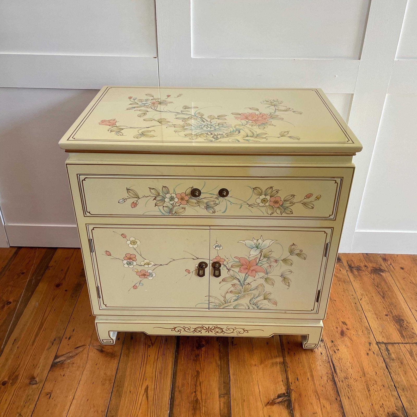Chinese Lacquer Cabinet Hand Painted Glass Top Cream Floral Wood Chest Sideboard Vintage Dresser Oriental Asian
