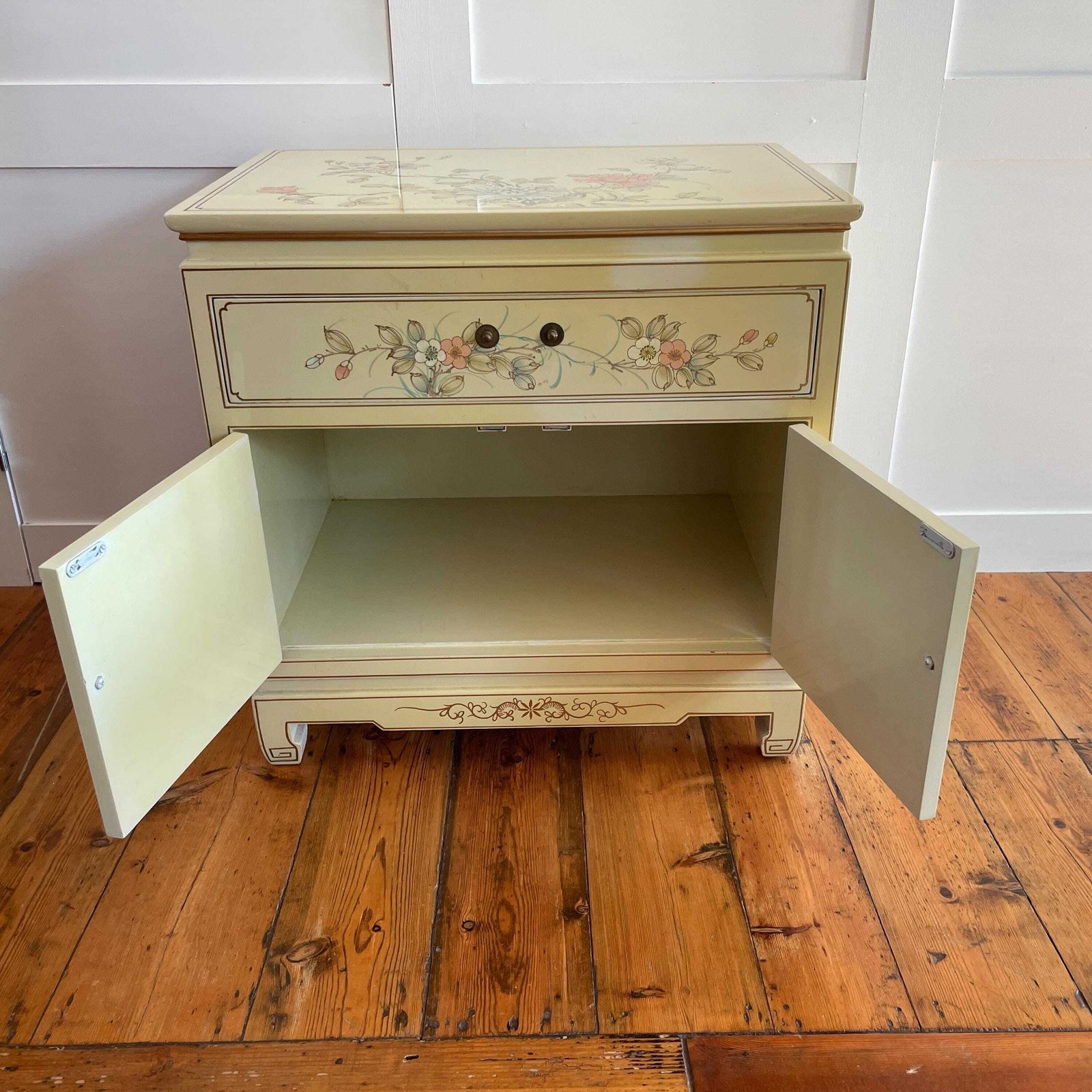 photo for sale Chinese Lacquer Cabinet Hand Painted Glass Top Cream Floral Wood Chest Sideboard Vintage Dresser Oriental Asian