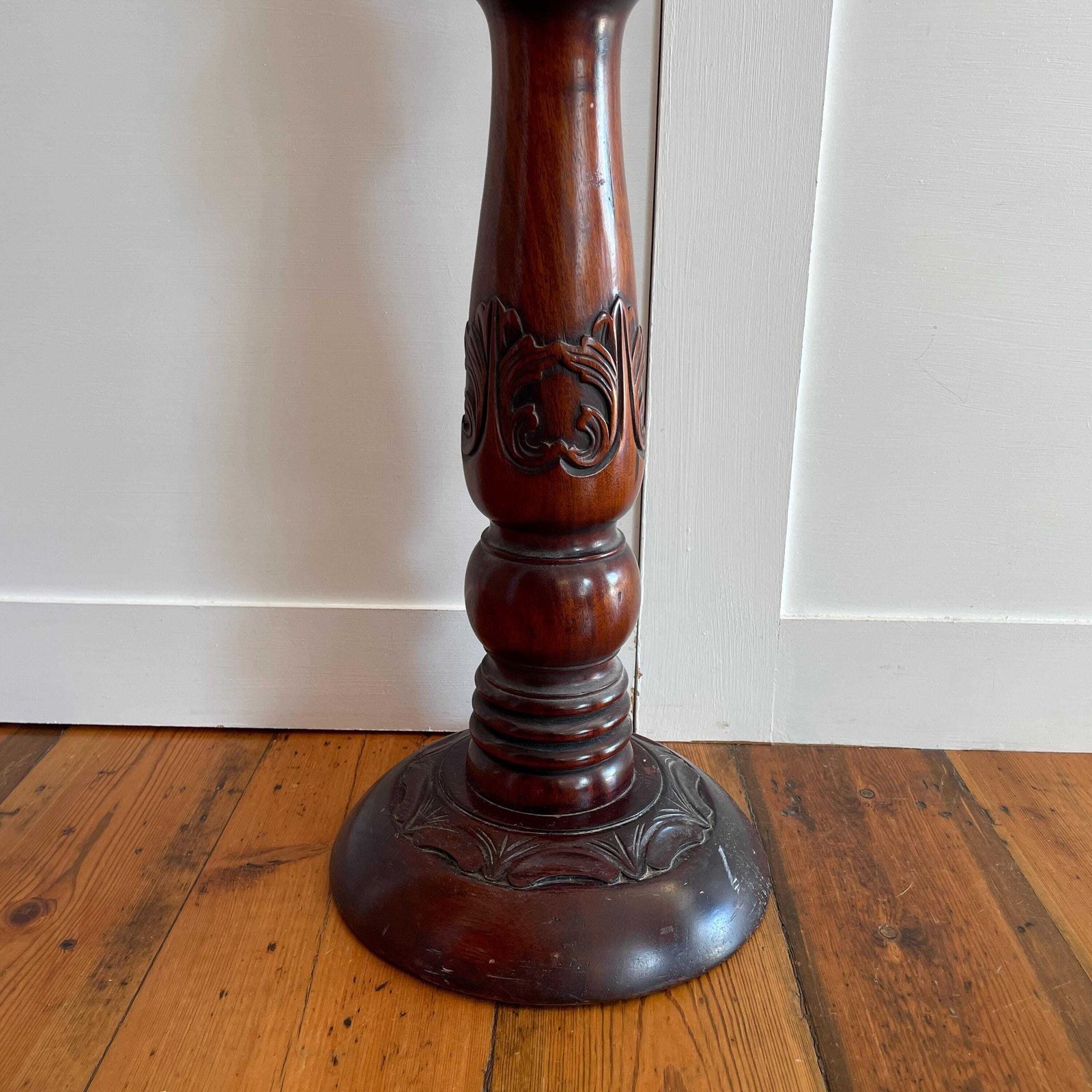 Tall Wooden Plant Stand Table Carved Patterned Oriental Dark Wood Floor Pedestal Round Display Stand Accent photo 225.0
