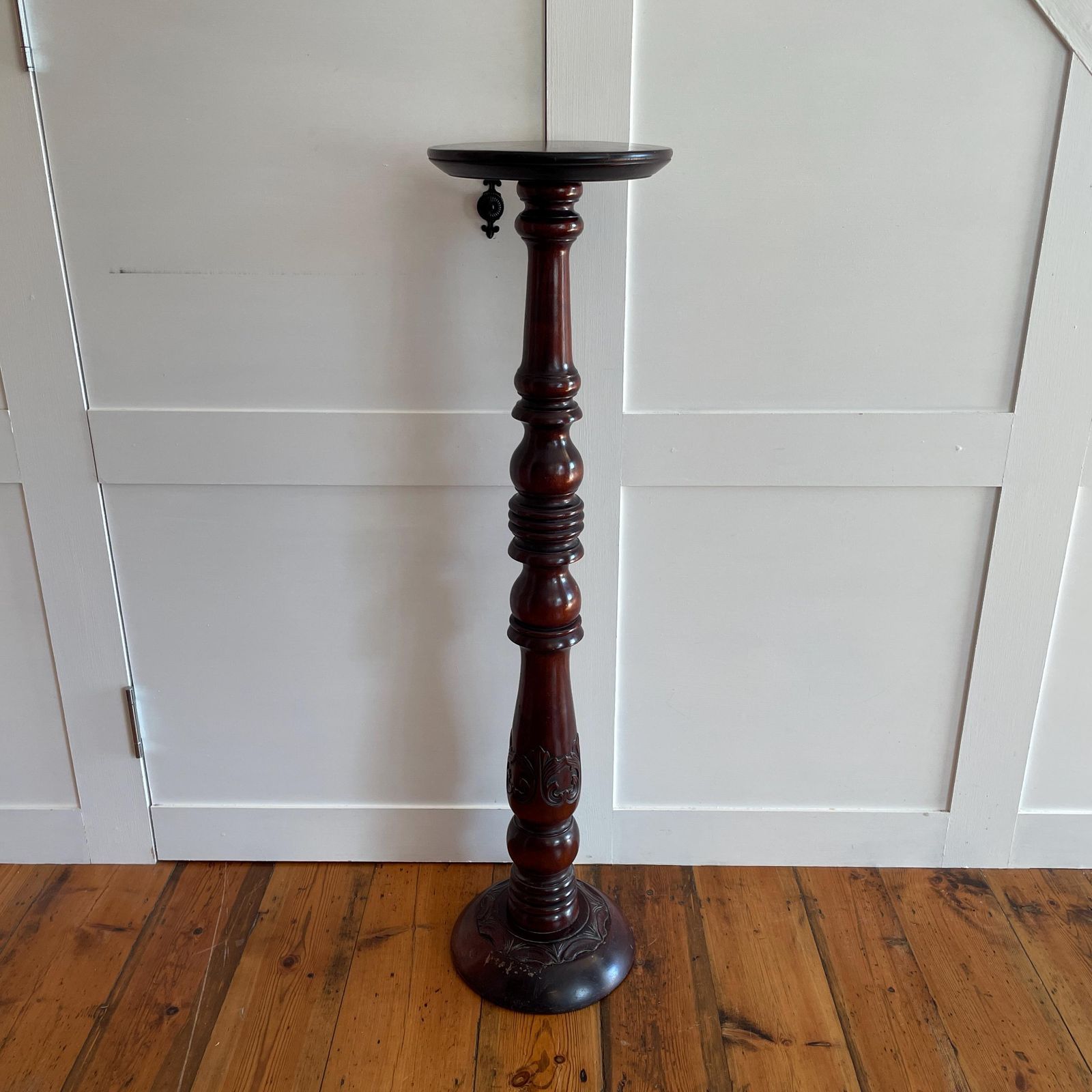 Tall Wooden Plant Stand Table Carved Patterned Oriental Dark Wood Floor Pedestal Round Display Stand Accent photo vintage