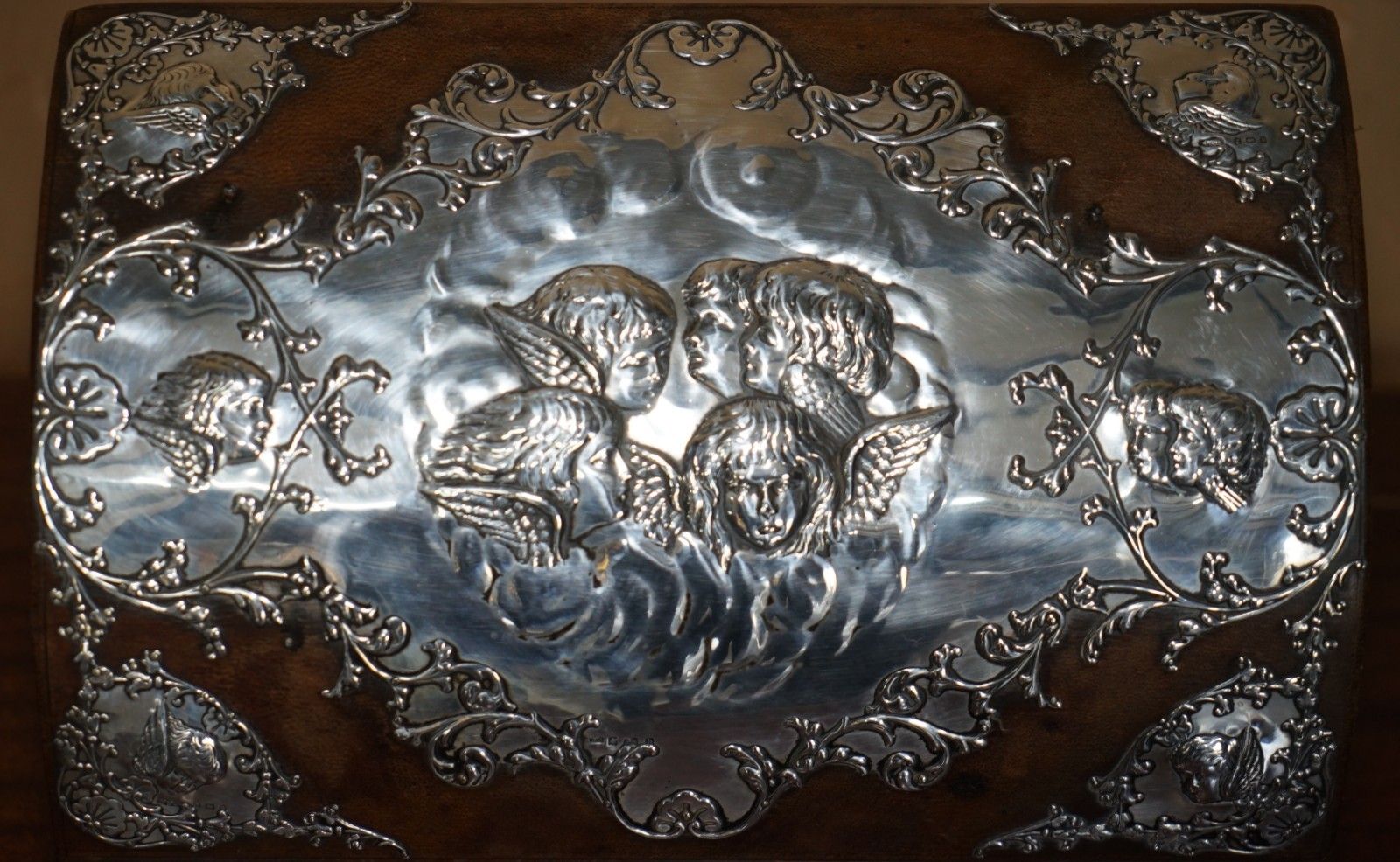 1901 Birmingham Made Matthew John Jessop Sterling Silver Cherub Stationery Box photo vinterior