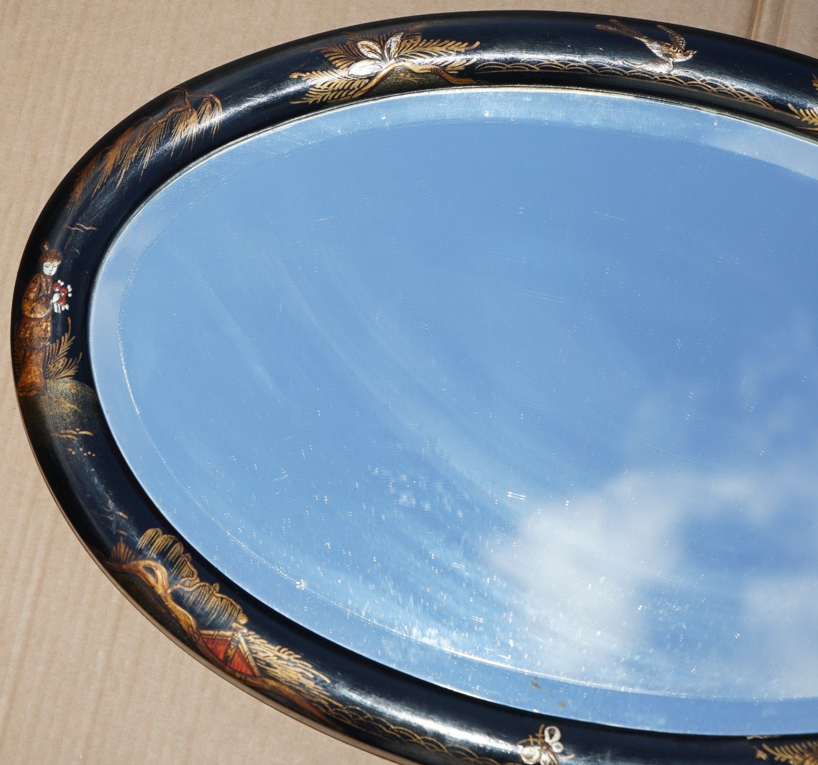 Lovely Antique Chinese Chinoiserie Oval Framed Mirror With Ornate Hand Paintings photo furniture