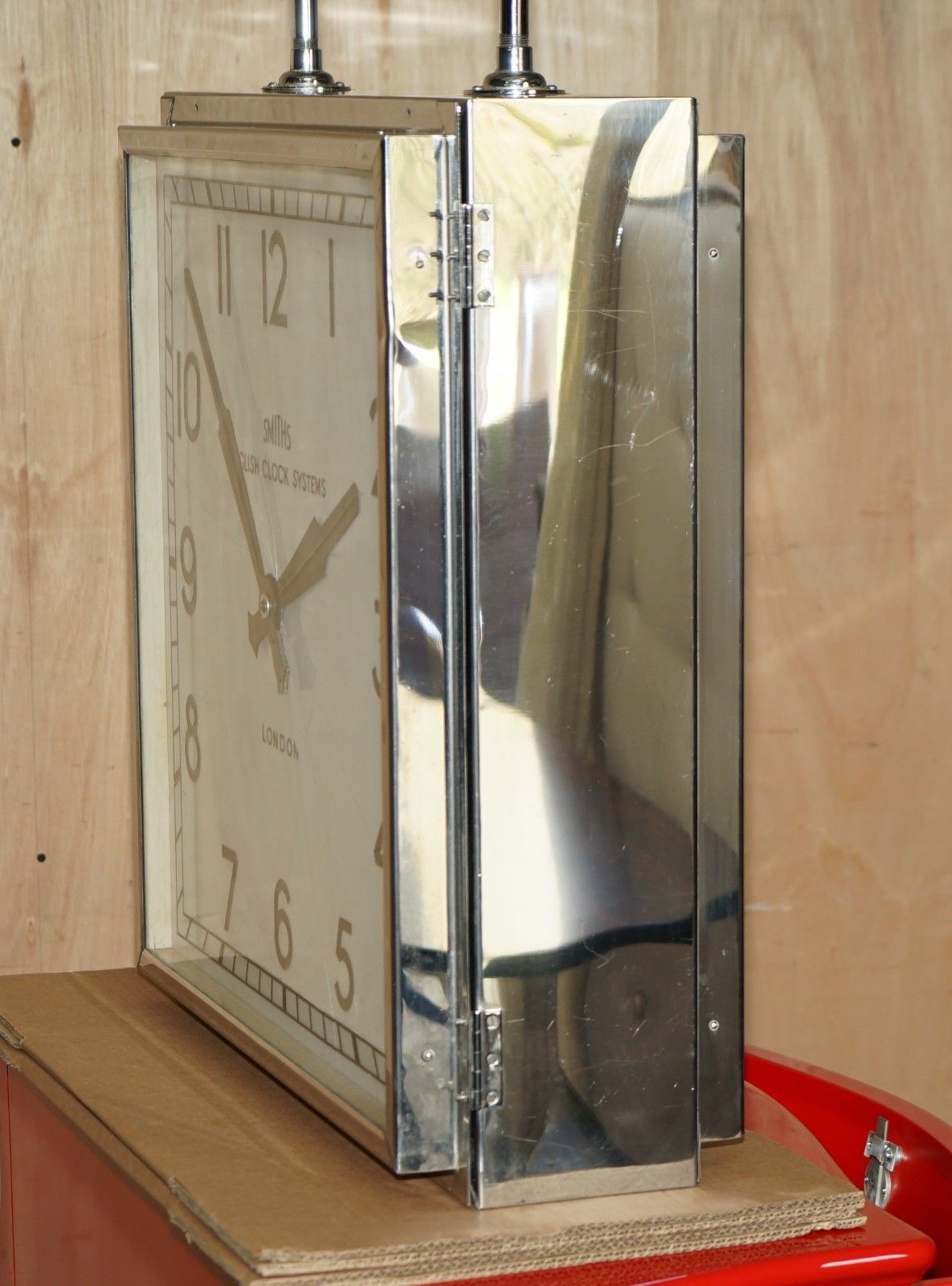photo for sale Huge 1920's Art Deco Chromium Plated Smiths Double Sided Ceiling Mounted Clock