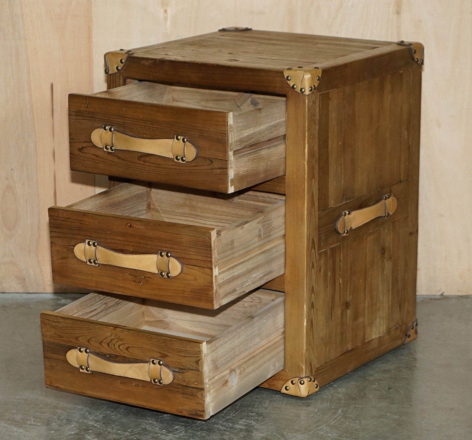 photo for sale Recliamed Wood & Brown Leather Three Drawer Side End Nightstand Side End Table