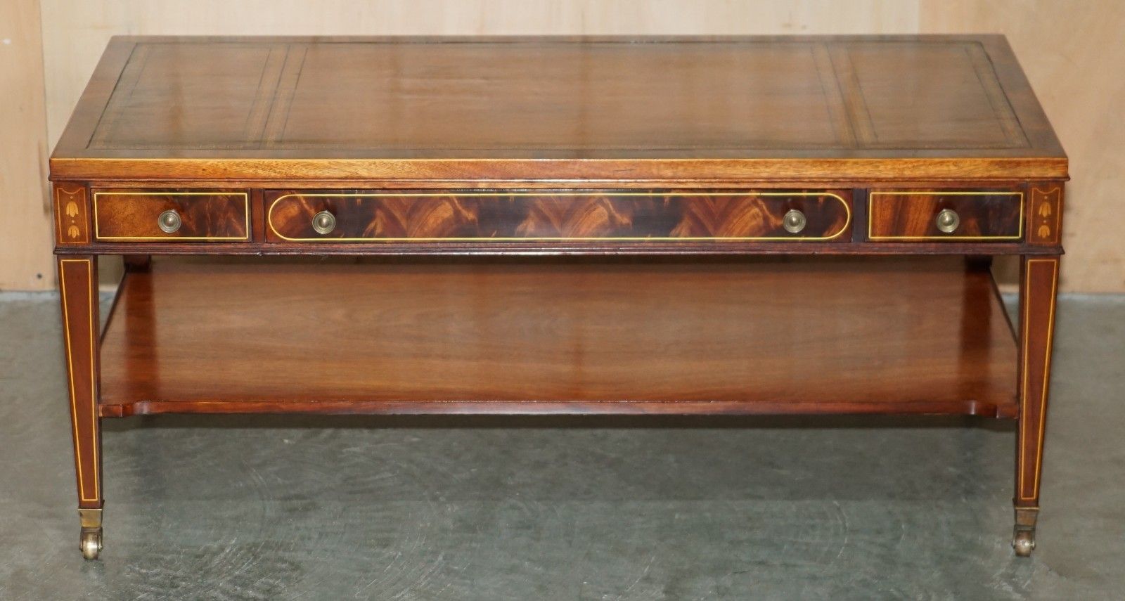 Exquisite Hand Dyed Brown Leather Sheraton Inlaid Flamed Mahogany Coffee Table photo for sale