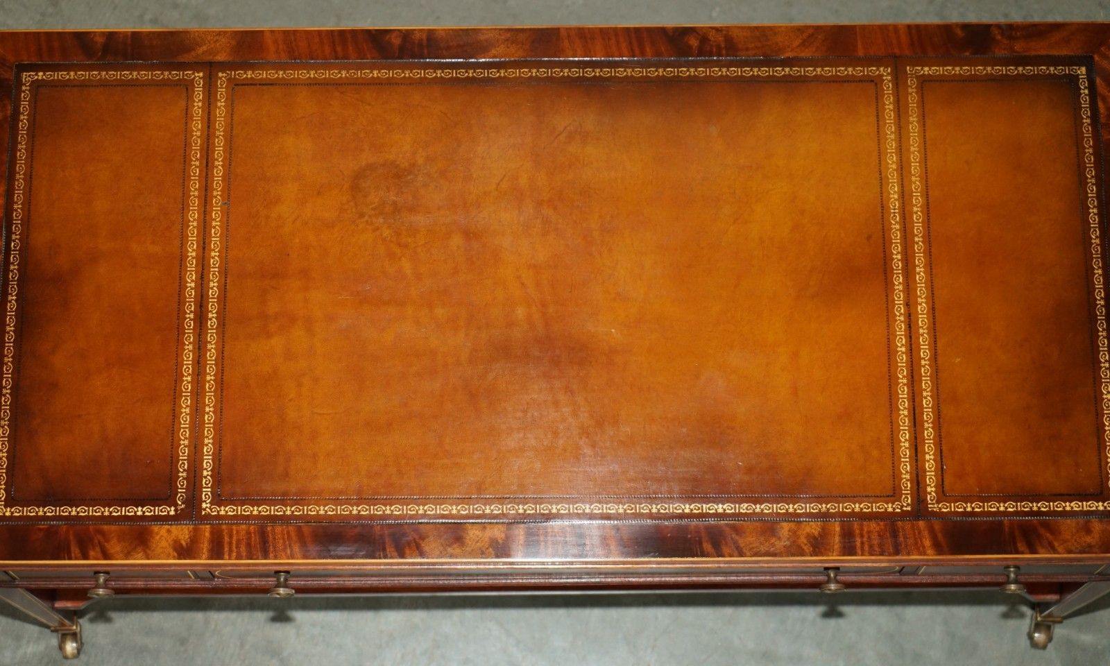 Exquisite Hand Dyed Brown Leather Sheraton Inlaid Flamed Mahogany Coffee Table photo buy