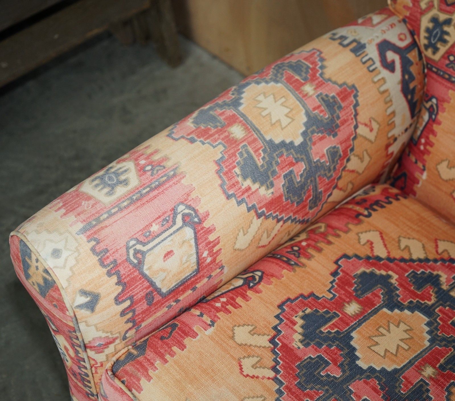 Exquisite Original Edwardian Kilim Upholstered Sofa Chaise Lounge With Drop Arm photo vintage
