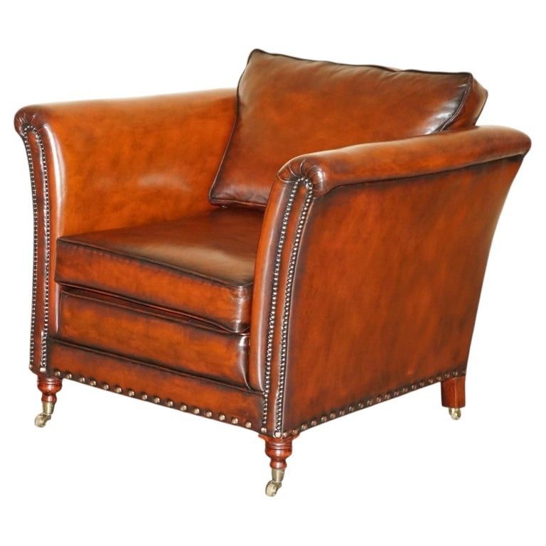 Fully Restored Victorian Style Brown Leather Armchair With English Brass Castors