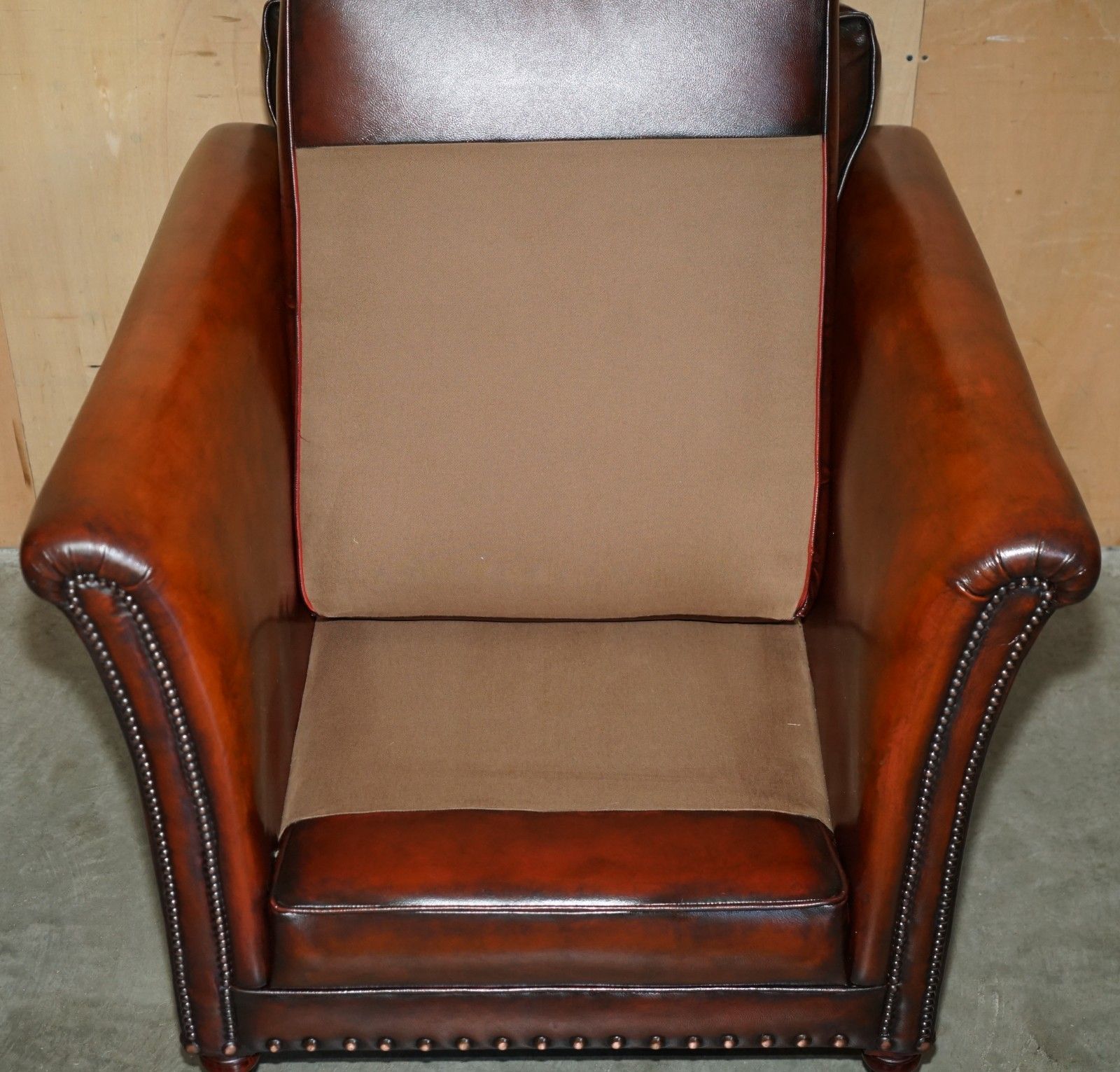 photo for sale Fully Restored Victorian Style Brown Leather Armchair With English Brass Castors