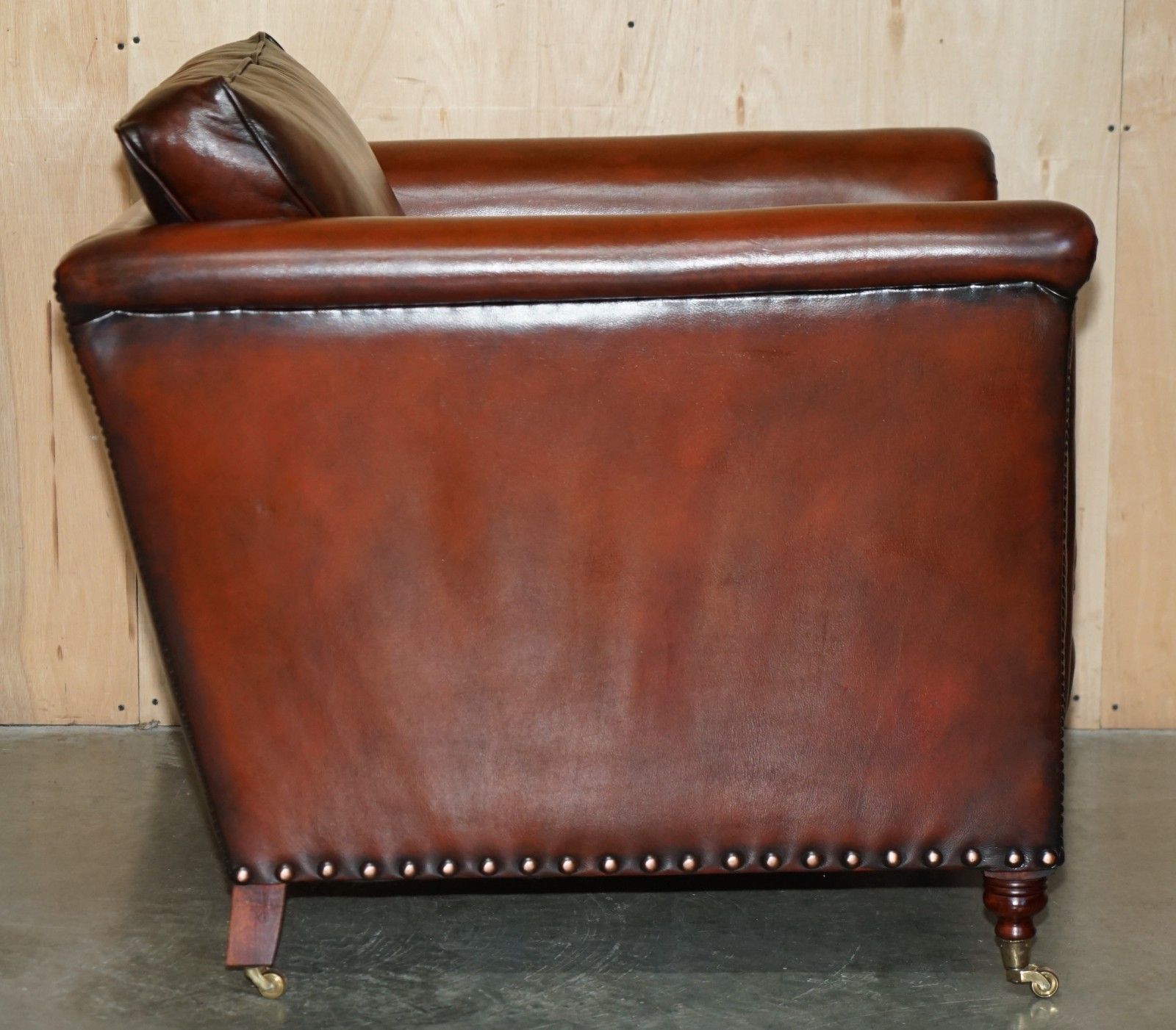 Furniture Fully Restored Victorian Style Brown Leather Armchair With English Brass Castors photo