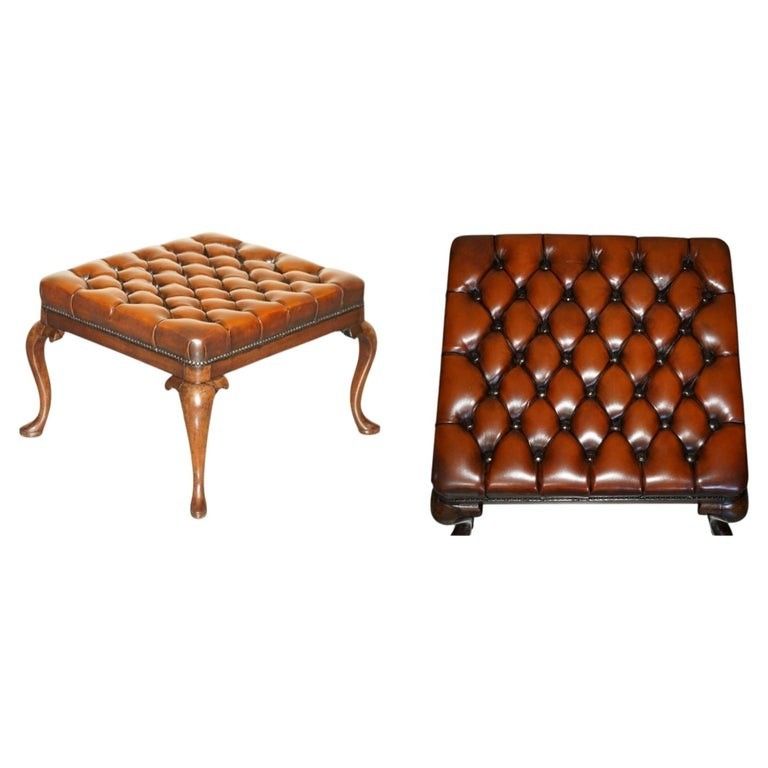 Restored Antique Victorian Mahogany Brown Leather Chesterfield Tufted Footstool