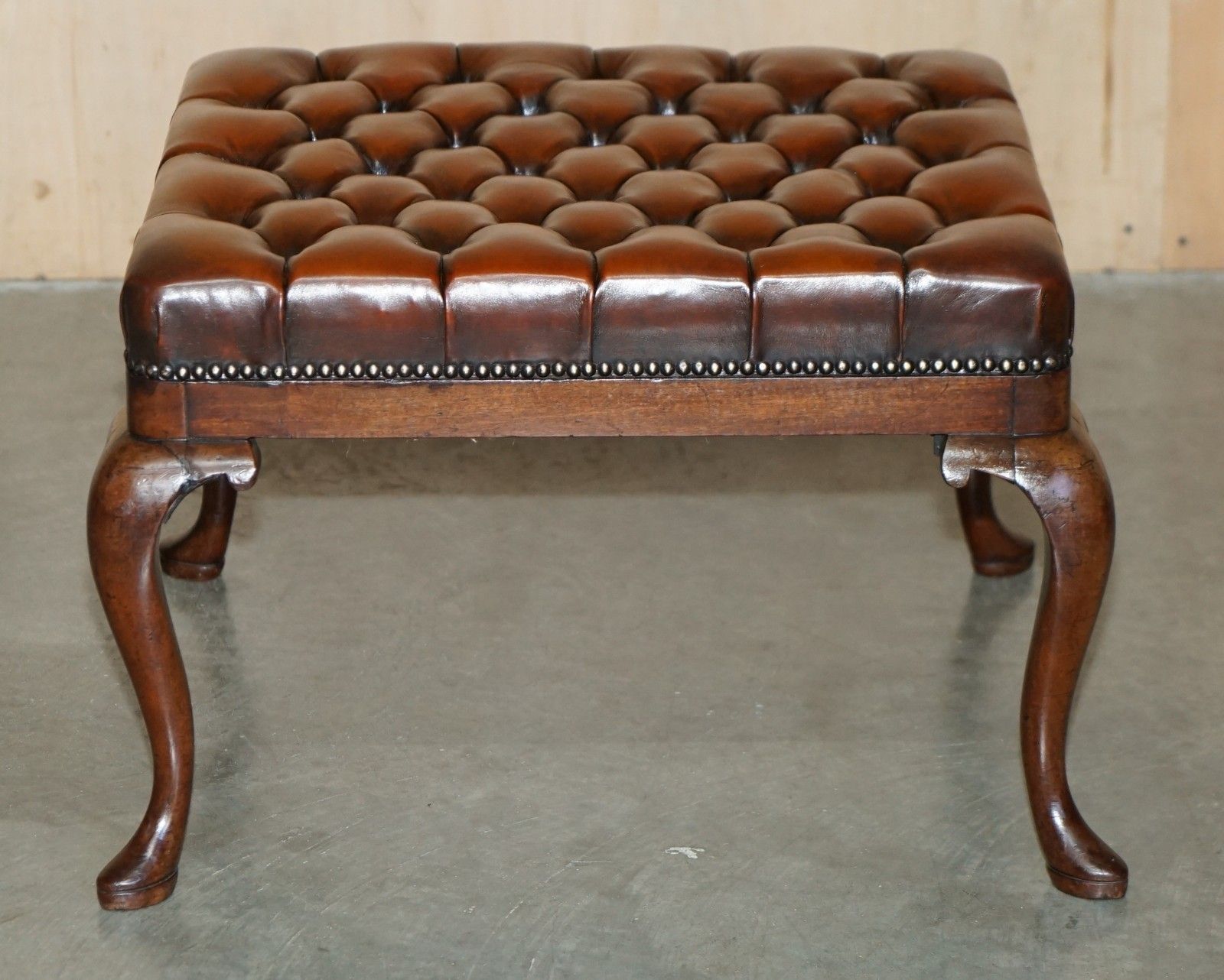 Restored Antique Victorian Mahogany Brown Leather Chesterfield Tufted Footstool photo for sale