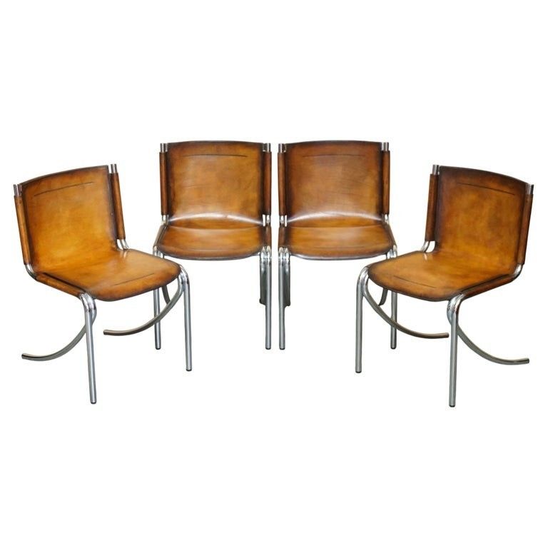 Four Restored Acerbis Jot Giotto Stoppino Brown Leather Chrome Dining Chairs