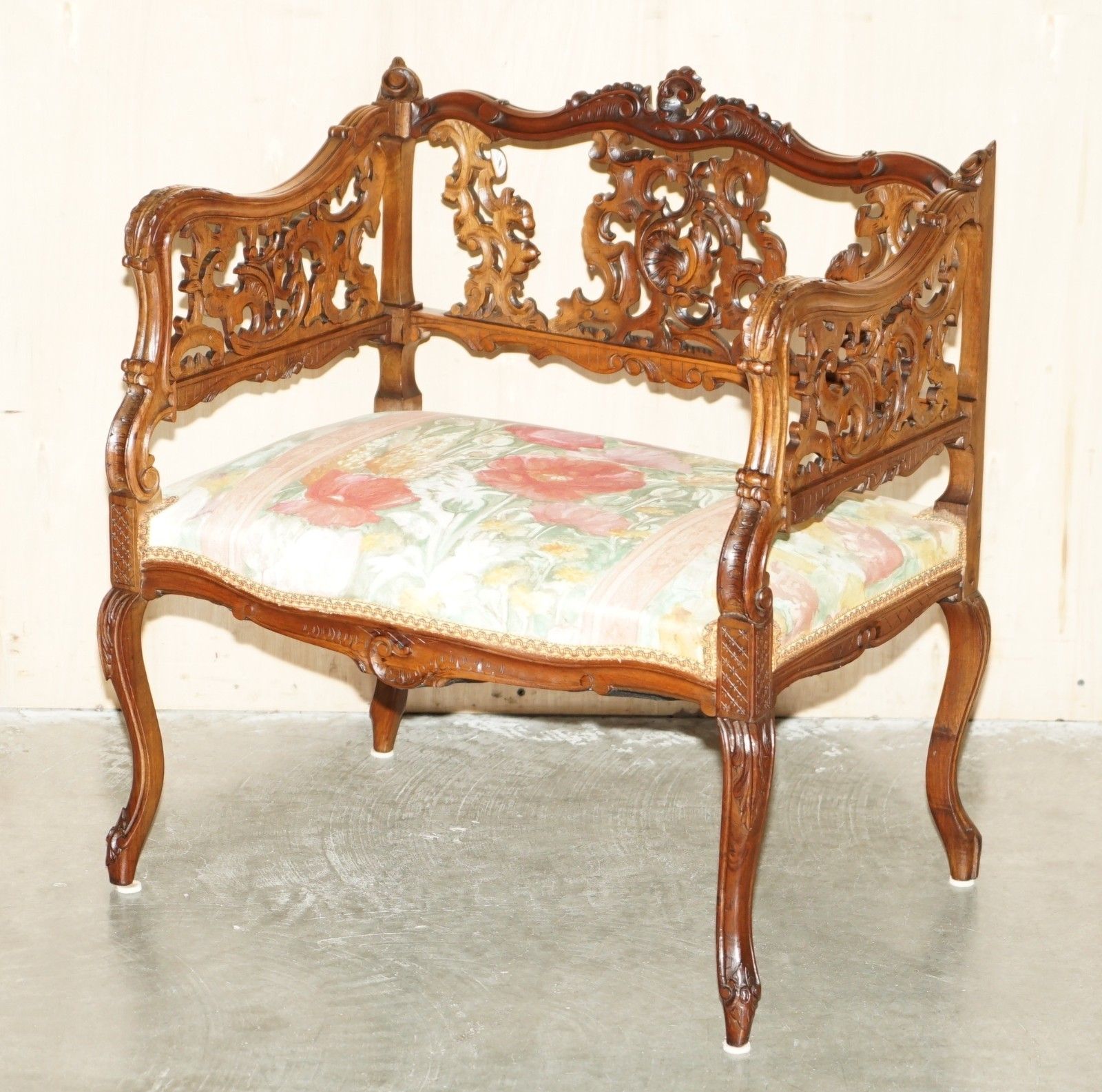 Antique 19th Century Hand Carved Walnut French Canape Armchair Floral Upholstery photo furniture