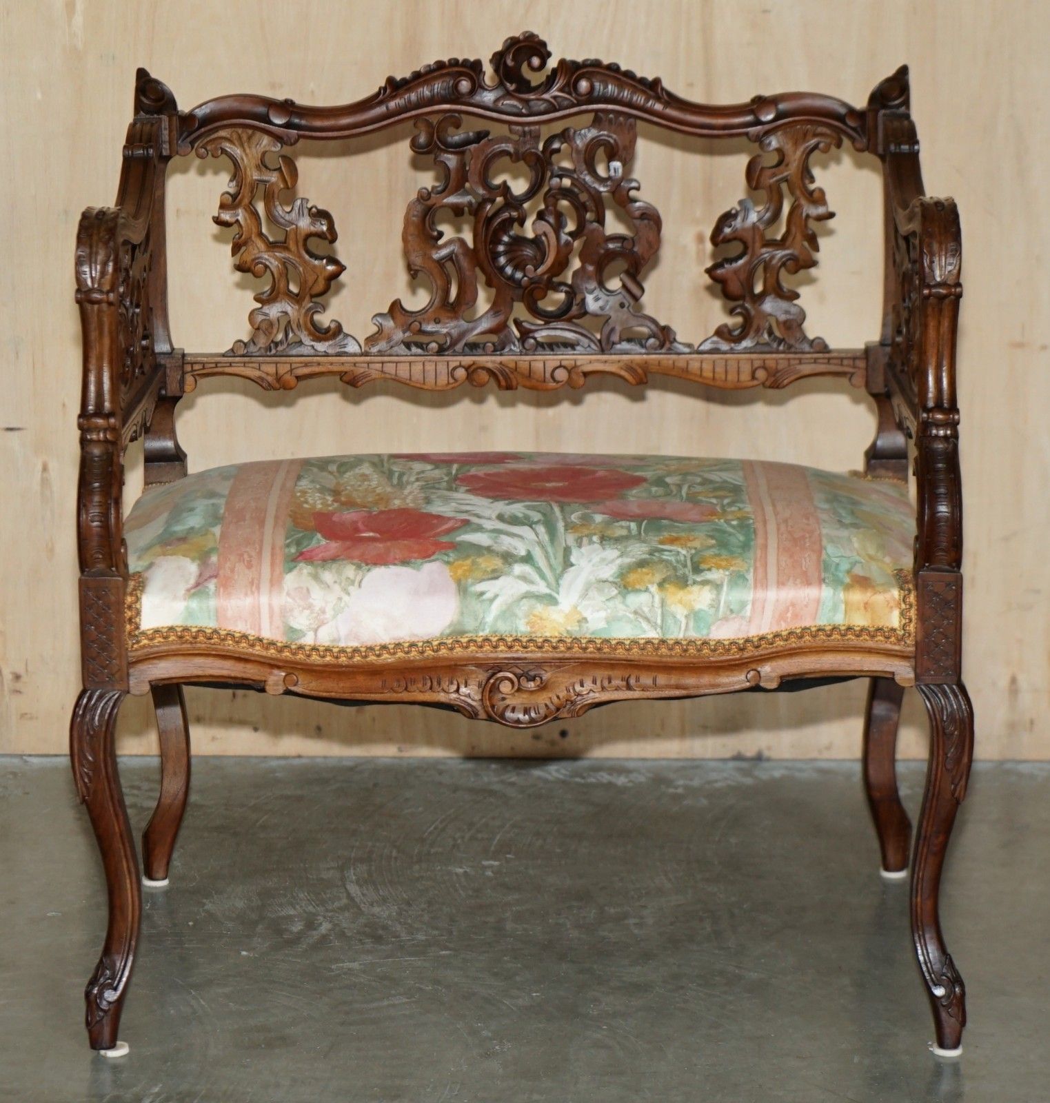 Antique 19th Century Hand Carved Walnut French Canape Armchair Floral Upholstery photo for sale