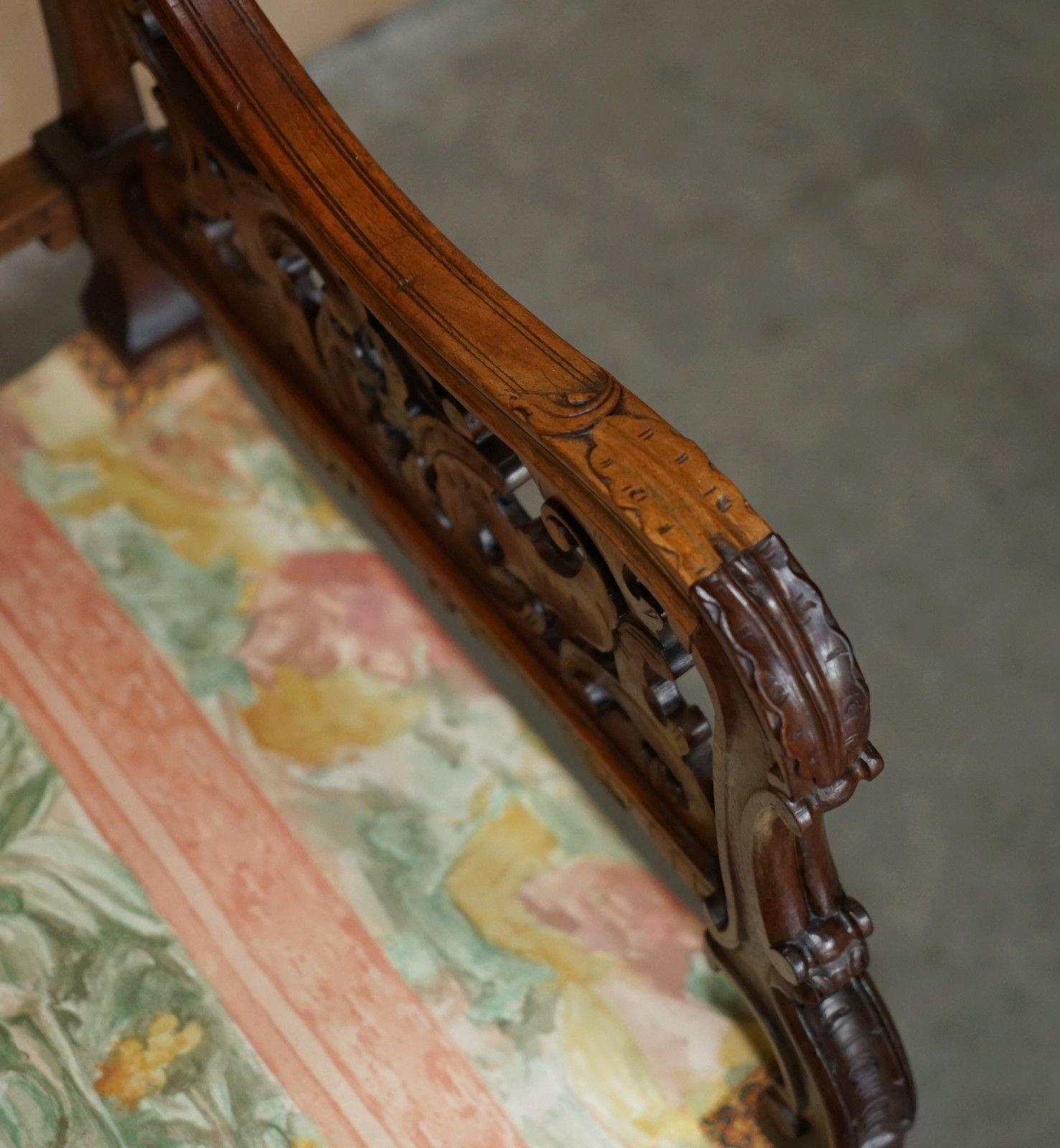 photo for sale Antique 19th Century Hand Carved Walnut French Canape Armchair Floral Upholstery