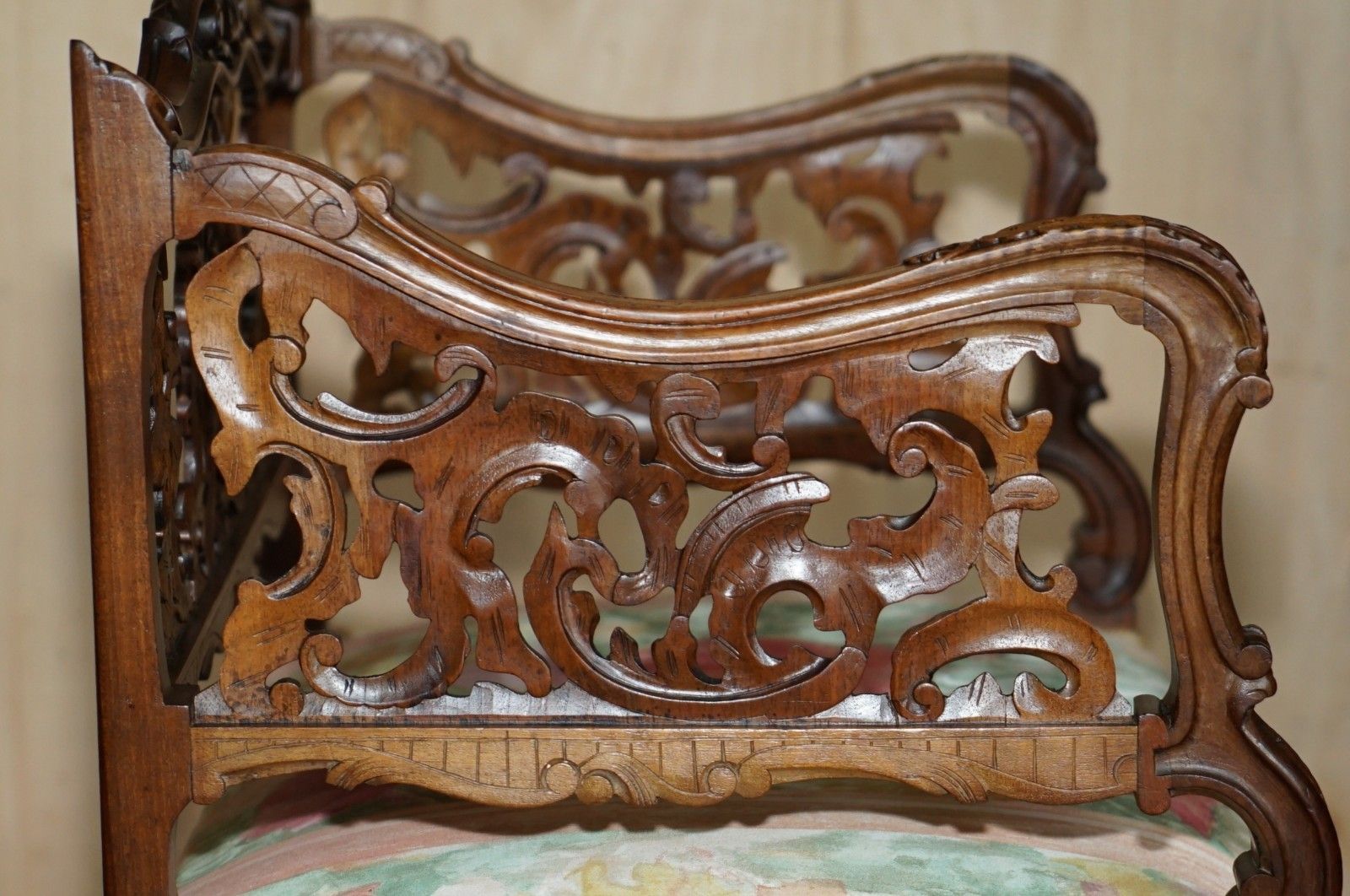 photo buy Antique 19th Century Hand Carved Walnut French Canape Armchair Floral Upholstery