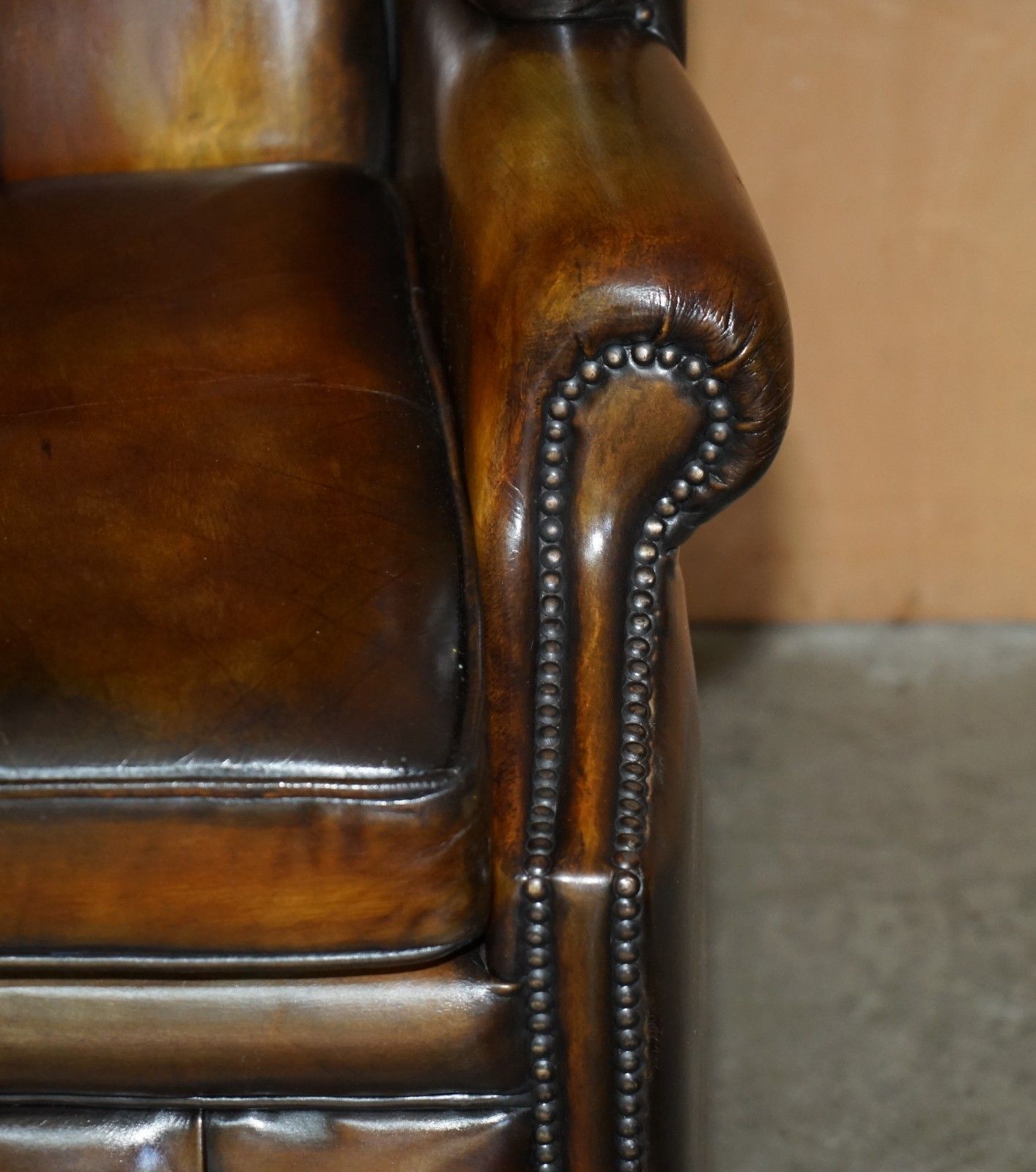 Sure Rare Vintage Hand Dyed Cigar Brown Leather Chesterfield Porters Sofa Settee photo 25000.0