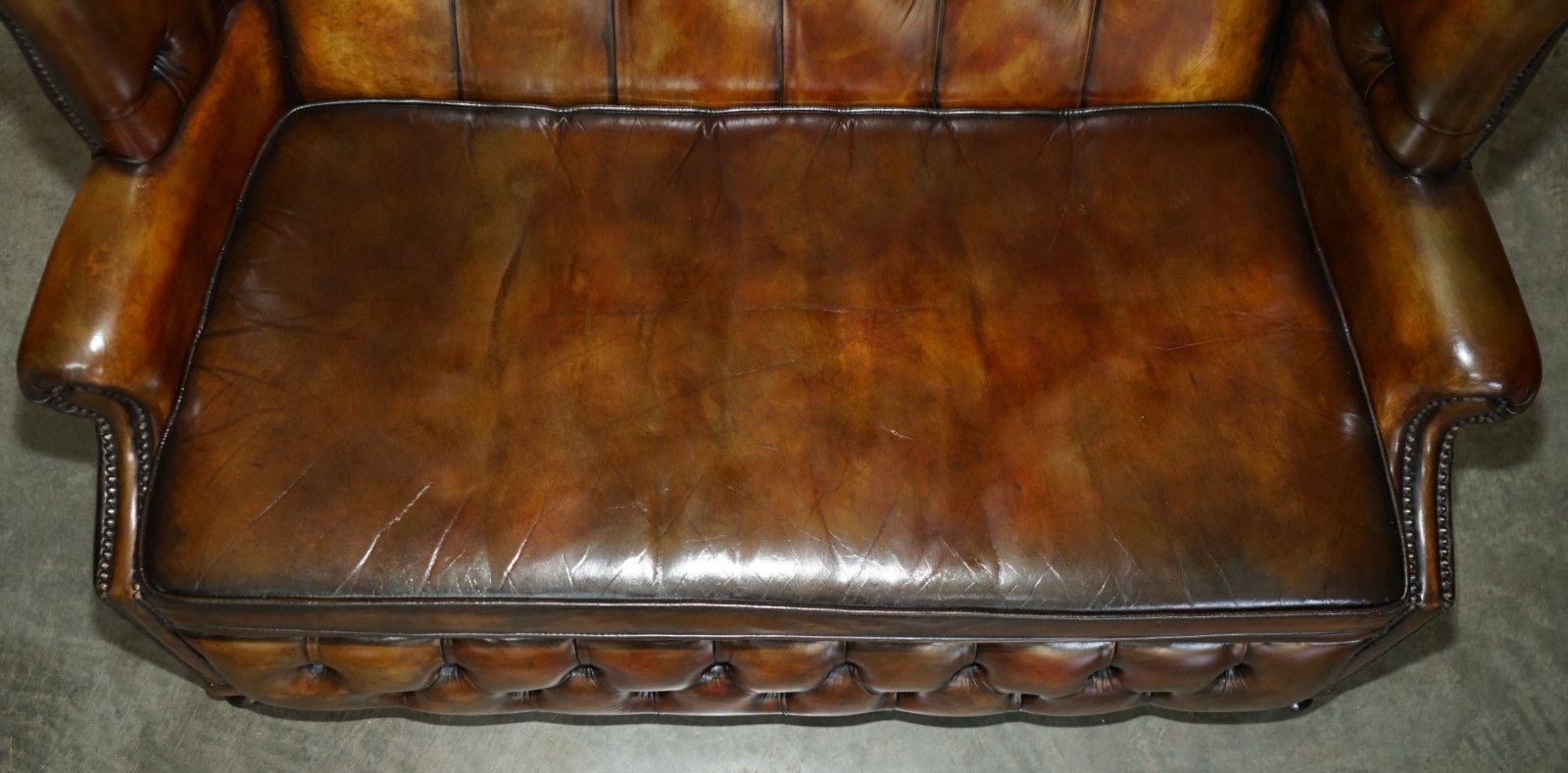 Sure Rare Vintage Hand Dyed Cigar Brown Leather Chesterfield Porters Sofa Settee photo vintage