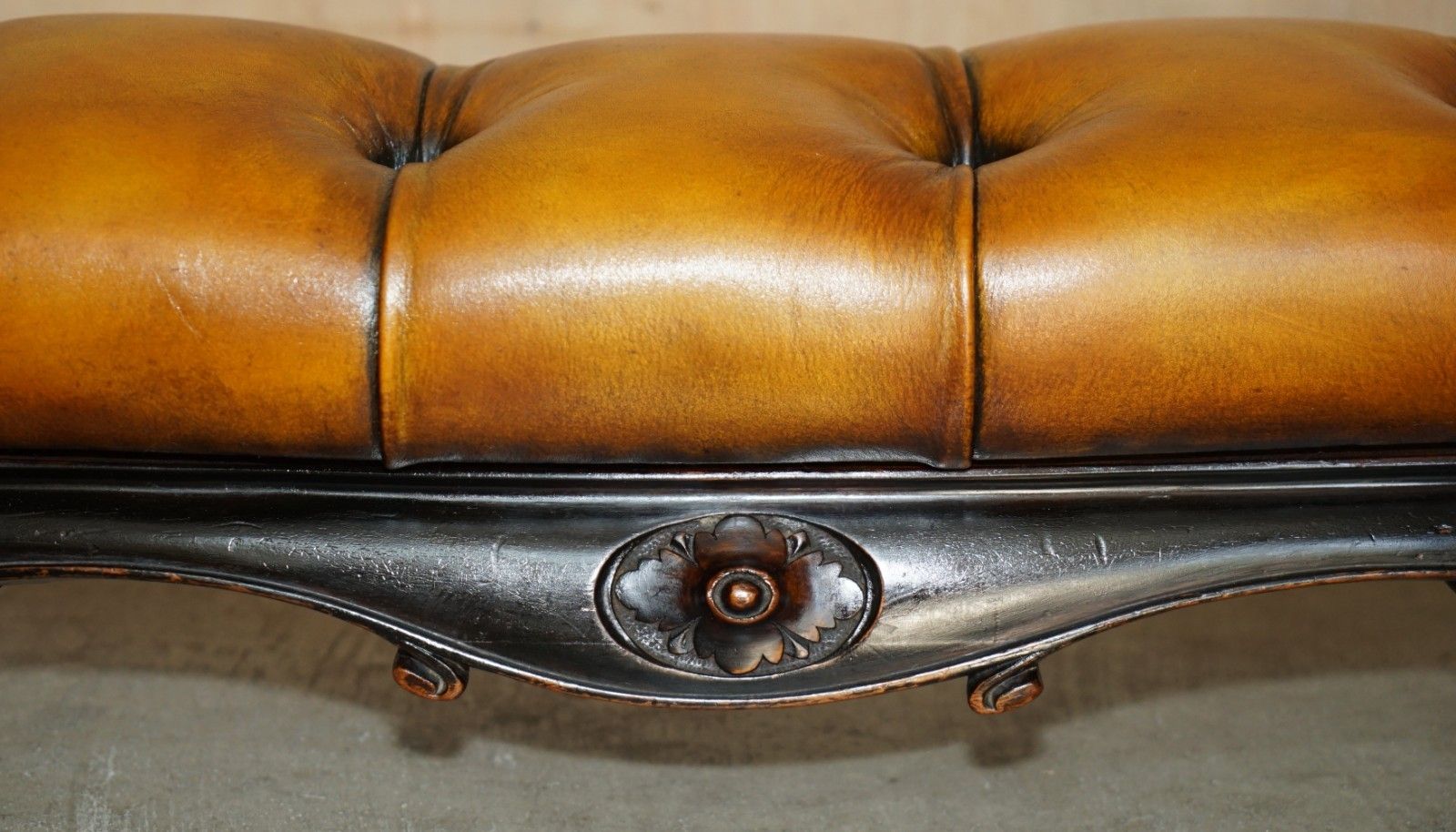 97.5cm Victorian Chesterfield Brown Leather Club Fender Log Burner Footstool photo vintage