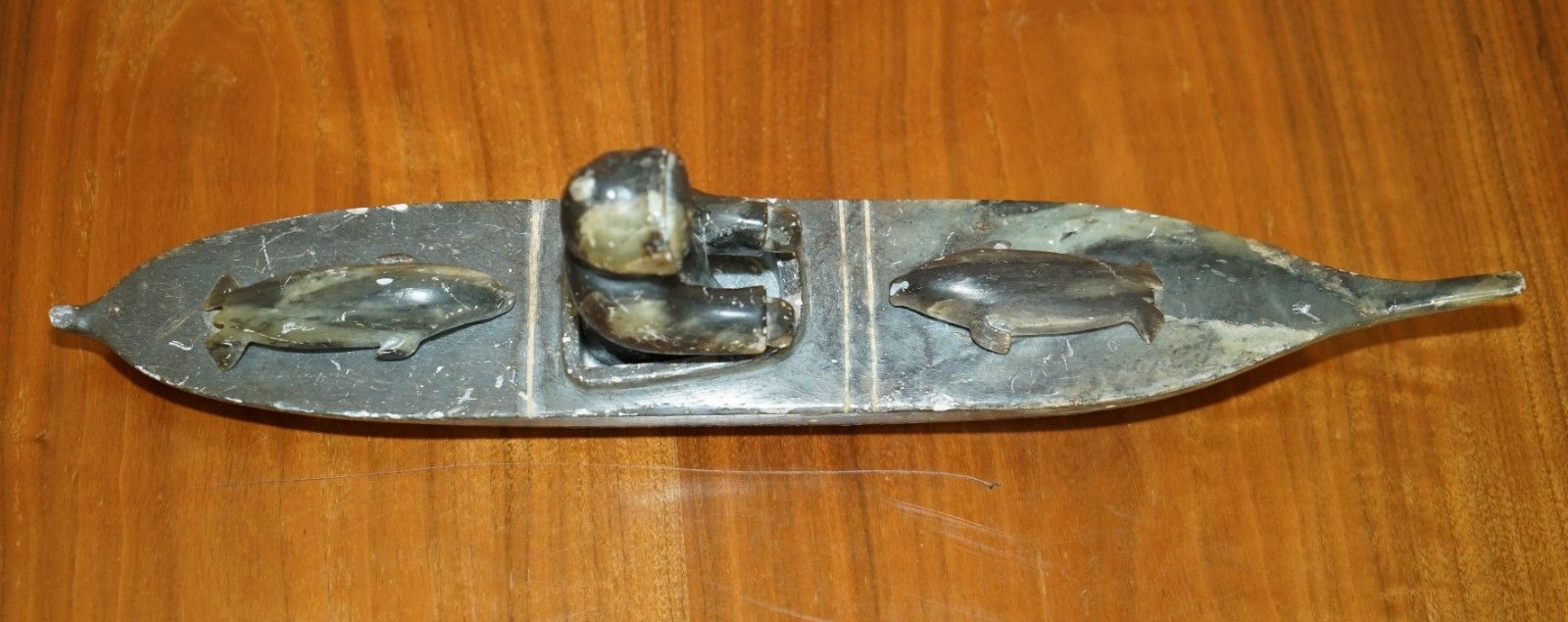 Fine Alex Patsauq 1917 Signed Serial Number Inuit Eskimo Soapstone Kayak Carving photo Art